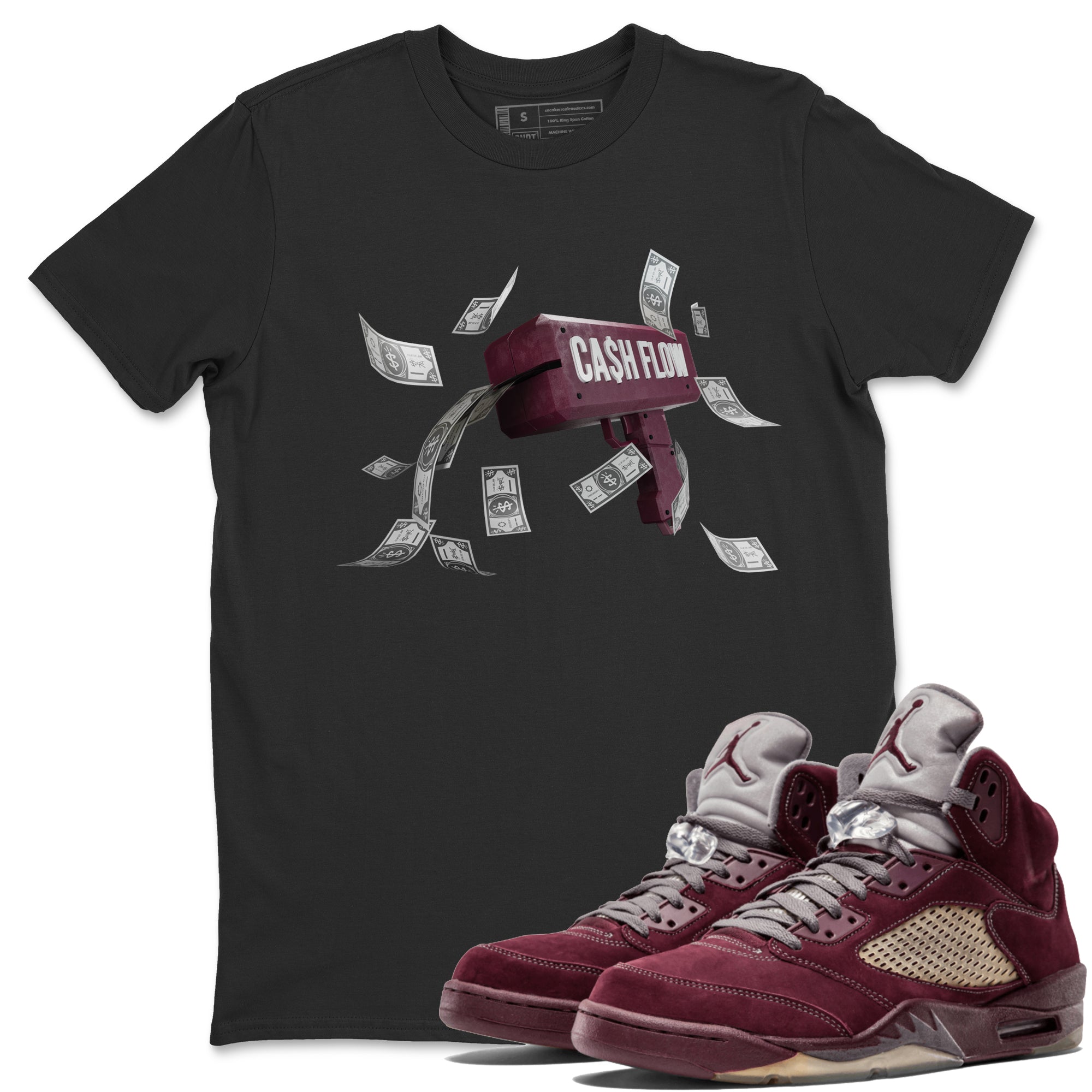 Air Jordan 5 Burgundy Sneaker Match Tees Cash Flow Streetwear Sneaker Shirt AJ5 Burgundy Sneaker Release Tees Unisex Shirts Black 1