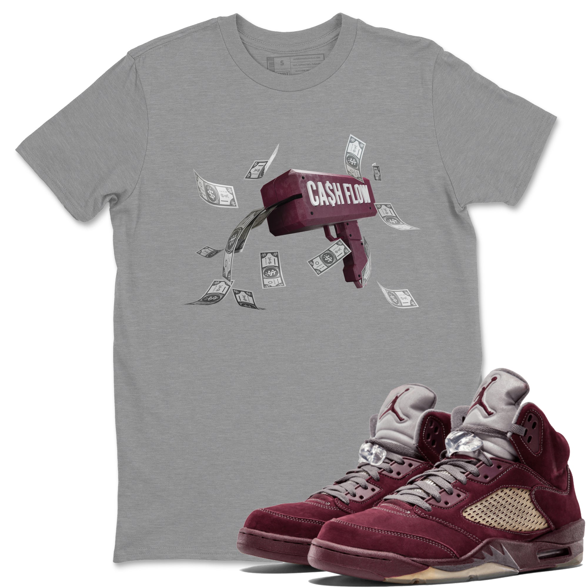 Air Jordan 5 Burgundy Sneaker Match Tees Cash Flow Streetwear Sneaker Shirt AJ5 Burgundy Sneaker Release Tees Unisex Shirts Heather Grey 1
