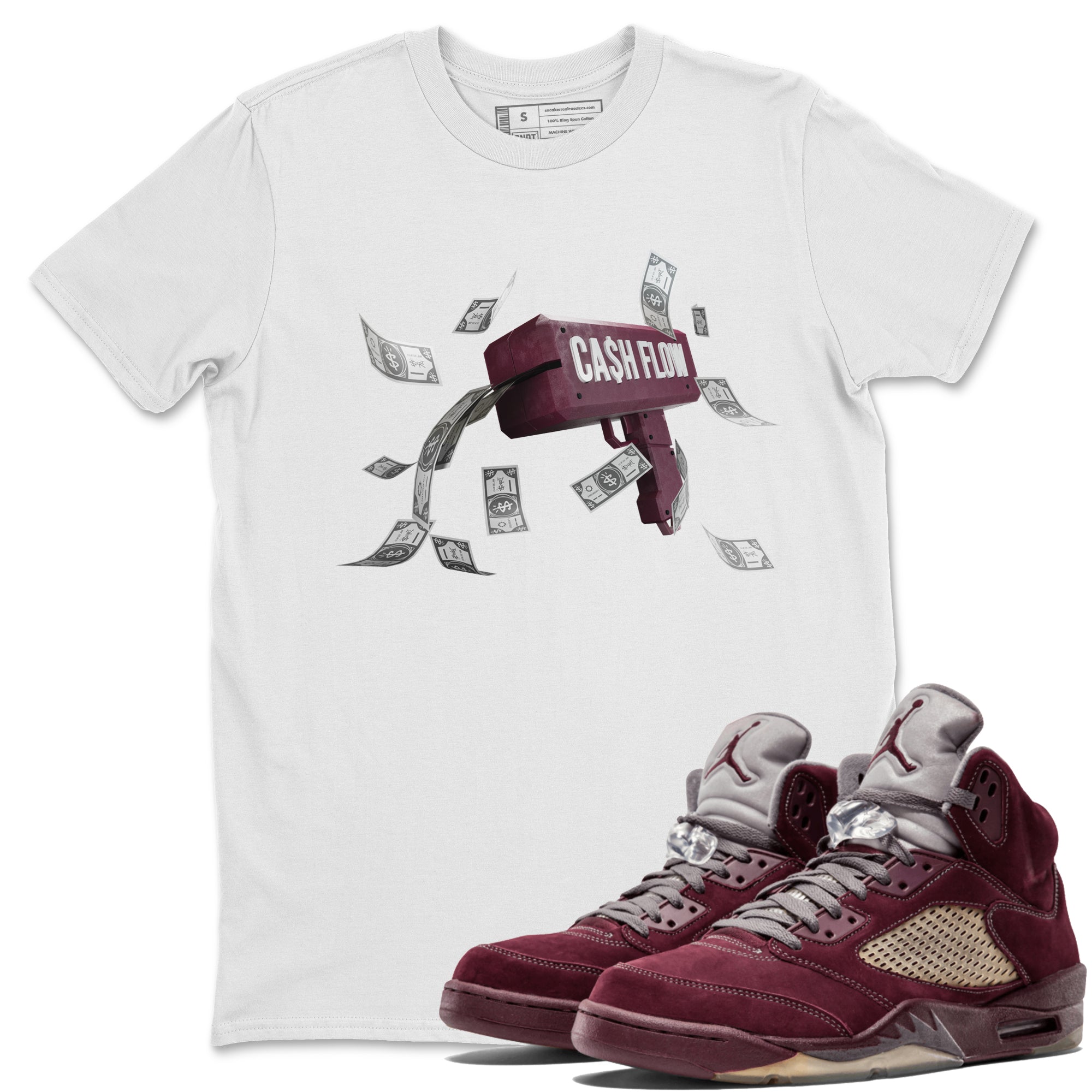 Air Jordan 5 Burgundy Sneaker Match Tees Cash Flow Streetwear Sneaker Shirt AJ5 Burgundy Sneaker Release Tees Unisex Shirts White 1