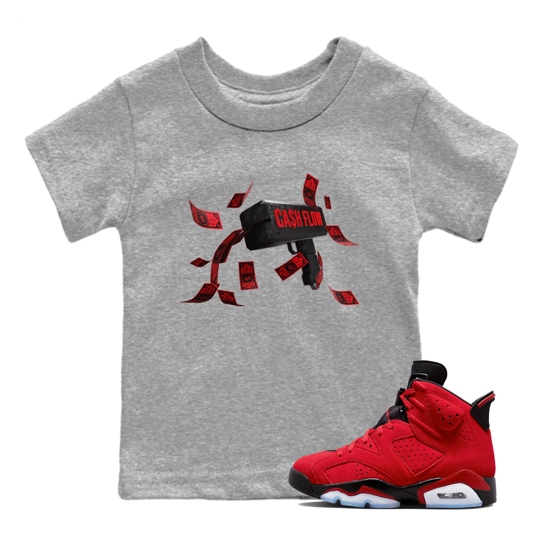 Air Jordan 6 Toro Bravo Sneaker Match Tees Cash Flow Streetwear Sneaker Shirt AJ6 Toro Bravo Sneaker Release Tees Kids Shirts Heather Grey 1