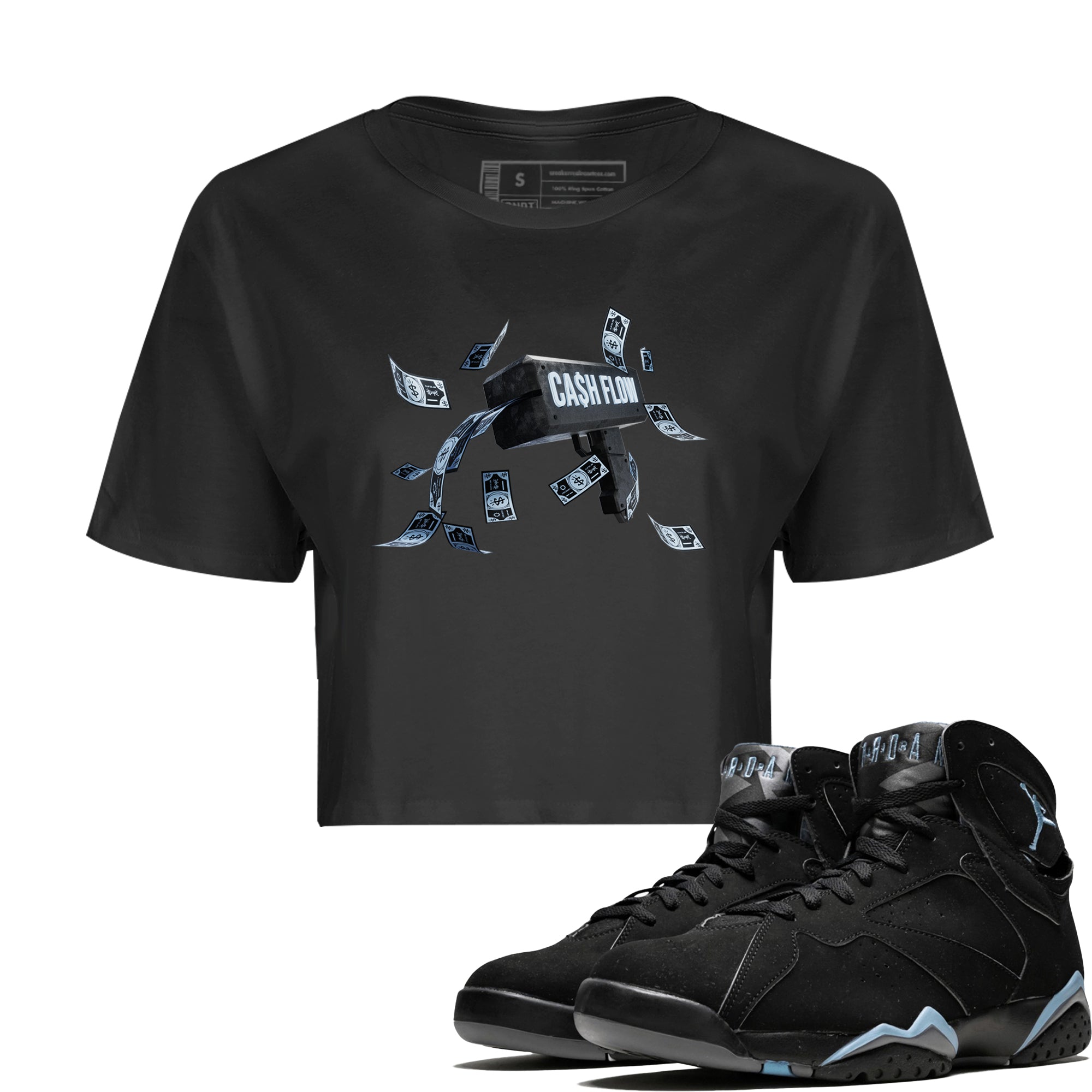 Air Jordan 7 Chambray Sneaker Match Tees Cash Flow Streetwear Sneaker Shirt AJ7 Chambray Sneaker Release Tees Women's Shirts Black 1