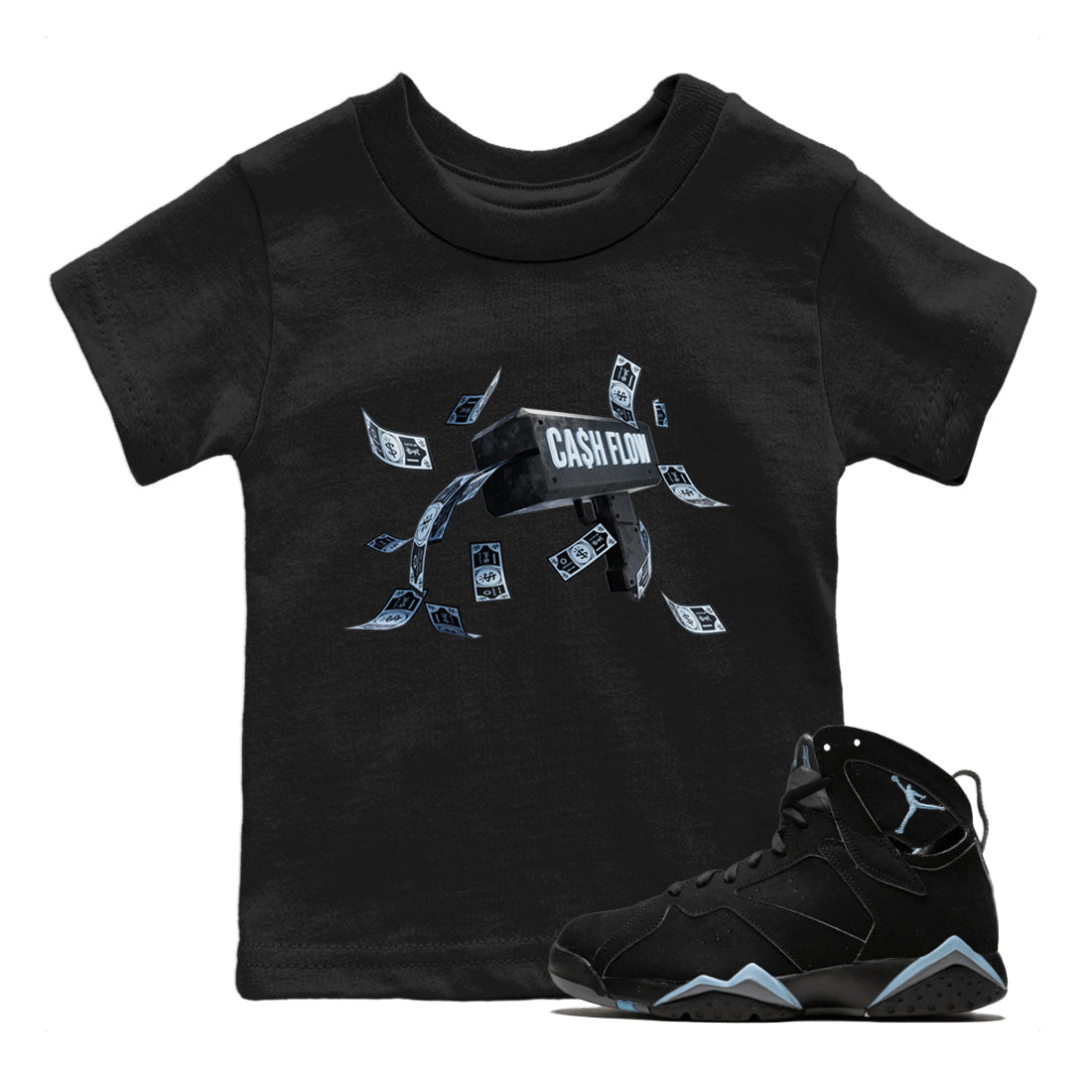 Air Jordan 7 Chambray Sneaker Match Tees Cash Flow Streetwear Sneaker Shirt AJ7 Chambray Sneaker Release Tees Kids Shirts Black 1