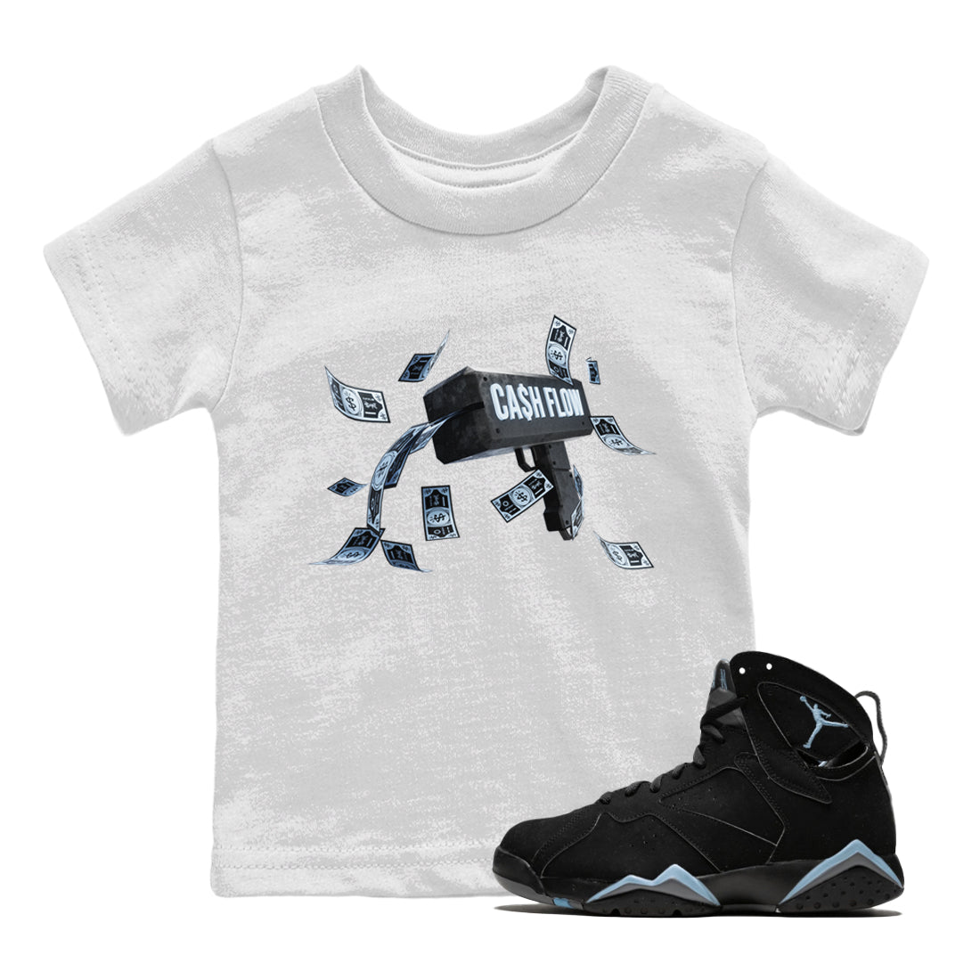 Air Jordan 7 Chambray Sneaker Match Tees Cash Flow Streetwear Sneaker Shirt AJ7 Chambray Sneaker Release Tees Kids Shirts White 1