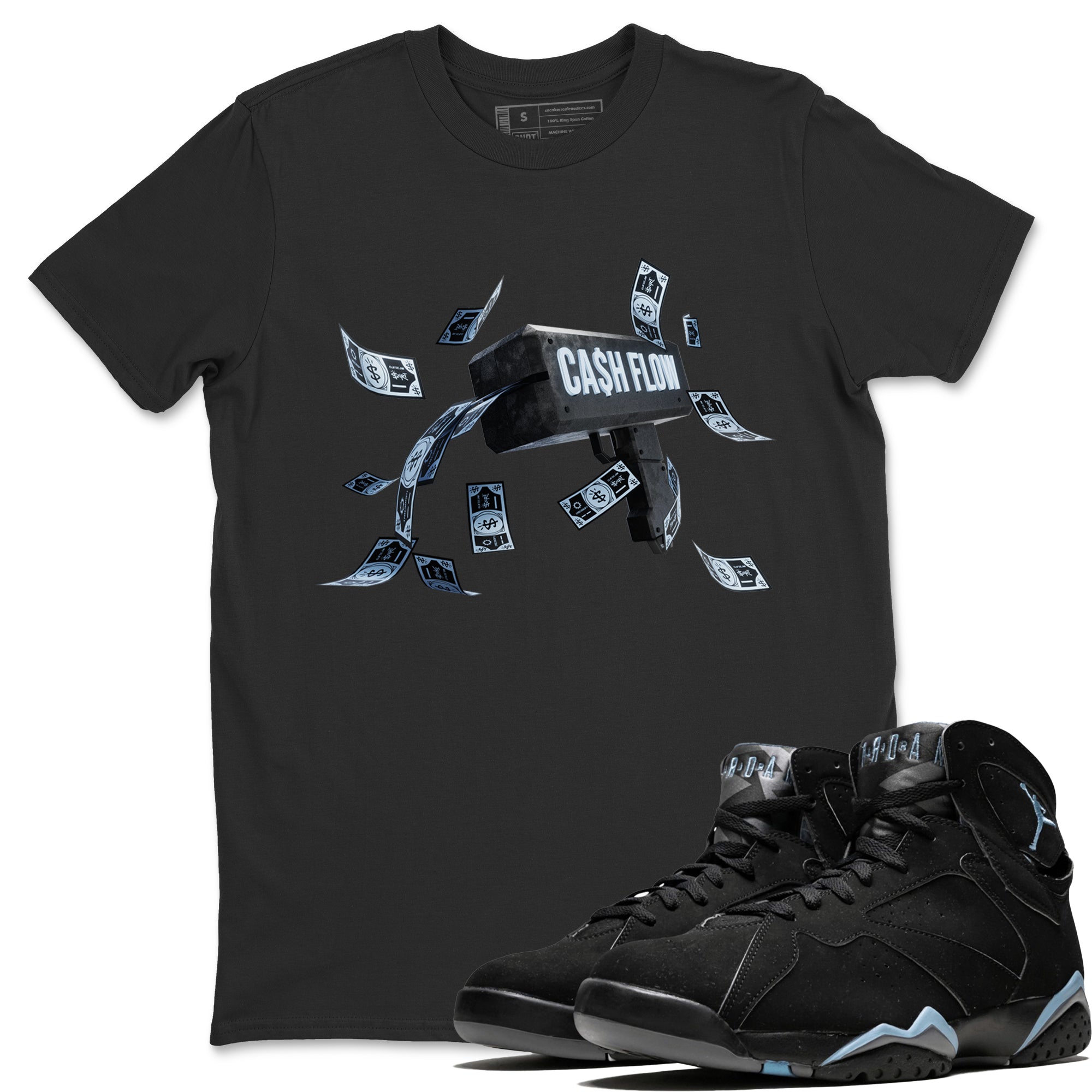 Air Jordan 7 Chambray Sneaker Match Tees Cash Flow Streetwear Sneaker Shirt AJ7 Chambray Sneaker Release Tees Unisex Shirts Black 1