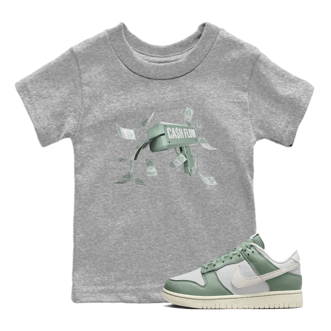 Dunk Mica Green Sneaker Match Tees Cash Flow Streetwear Sneaker Shirt Dunk Low Mica Green Sneaker Release Tees Kids Shirts Heather Grey 1