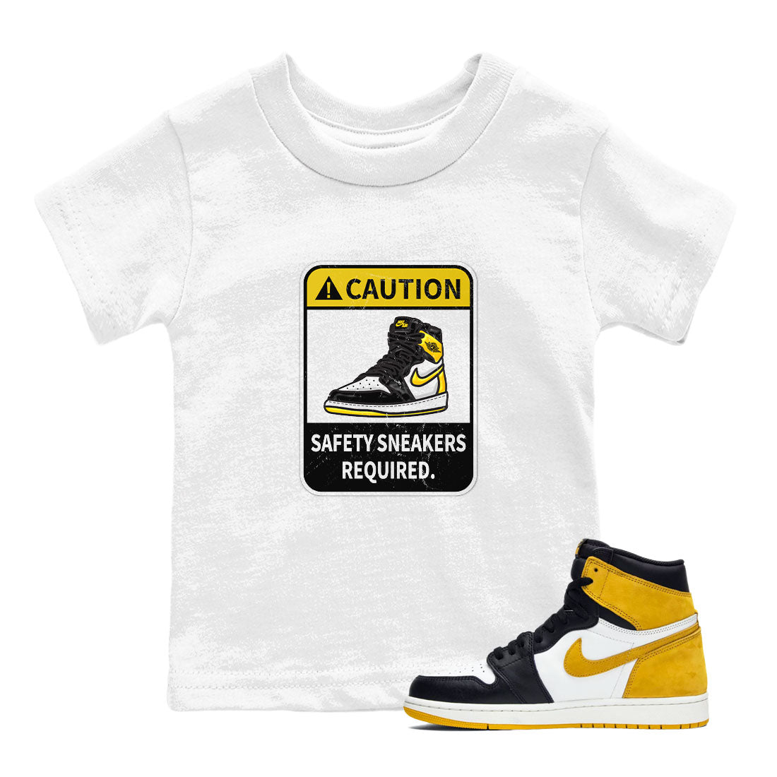 1s Yellow Ochre shirt to match jordans Caution sneaker tees Air Jordan 1 High OG Yellow Ochre Drip Gear Zone baby toddler White 1 cotton Shirt