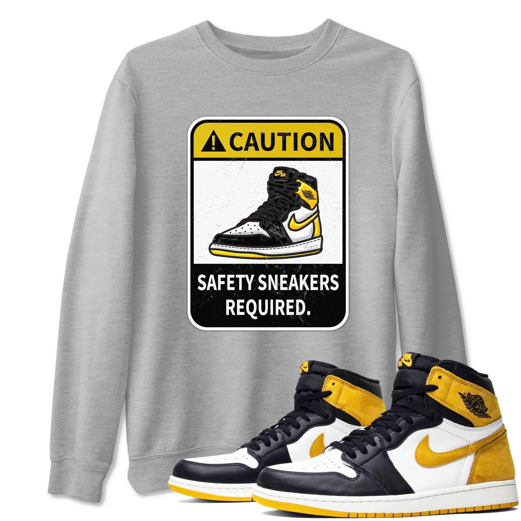 1s Yellow Ochre shirt to match jordans Caution sneaker tees Air Jordan 1 High OG Yellow Ochre Drip Gear Zone unisex cotton Heather Grey 1 crew neck shirt