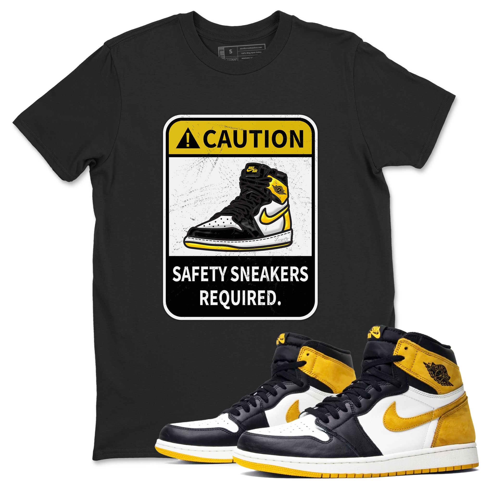 1s Yellow Ochre shirt to match jordans Caution sneaker tees Air Jordan 1 High OG Yellow Ochre Drip Gear Zone unisex cotton Black 1 crew neck shirt