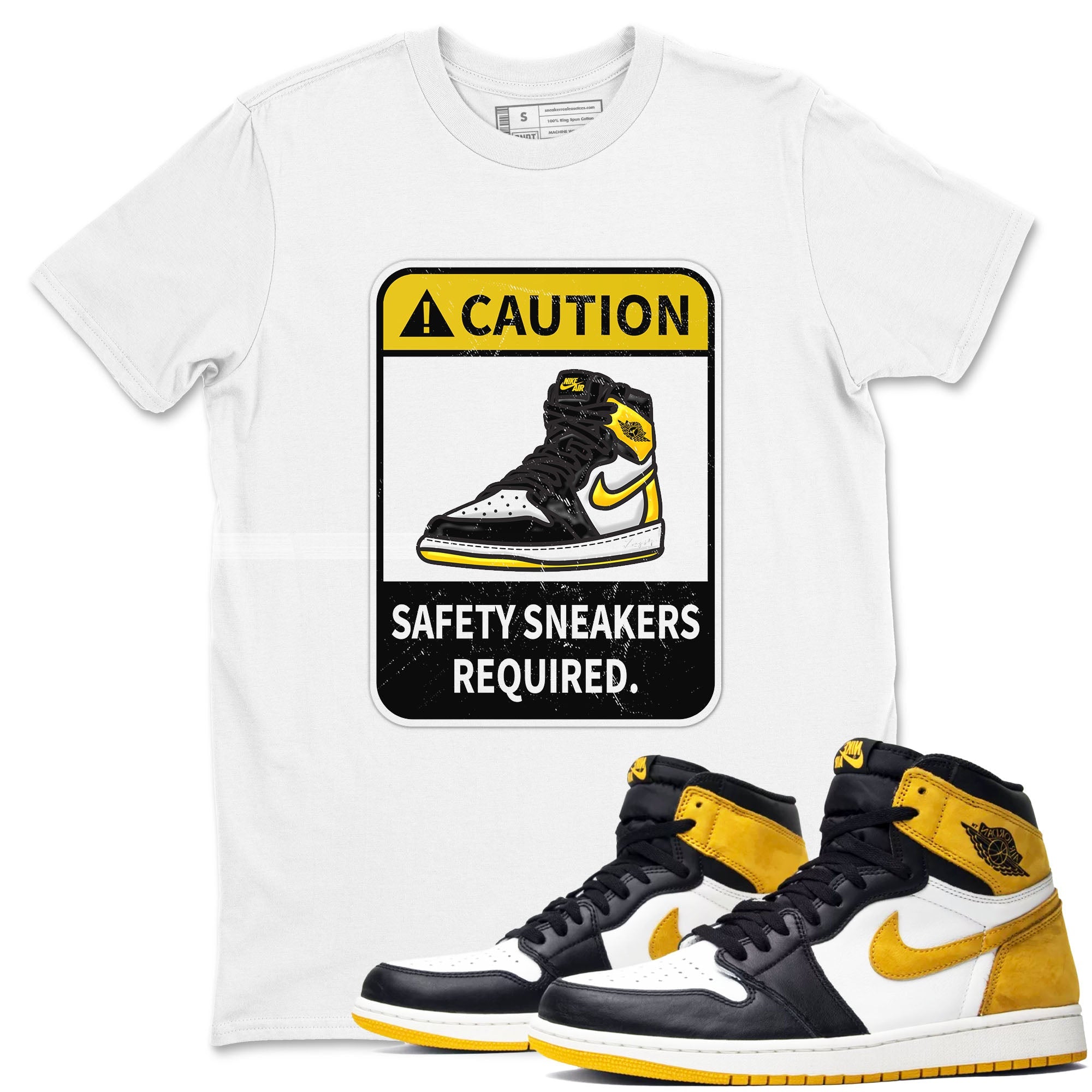 1s Yellow Ochre shirt to match jordans Caution sneaker tees Air Jordan 1 High OG Yellow Ochre Drip Gear Zone unisex cotton White 1 crew neck shirt