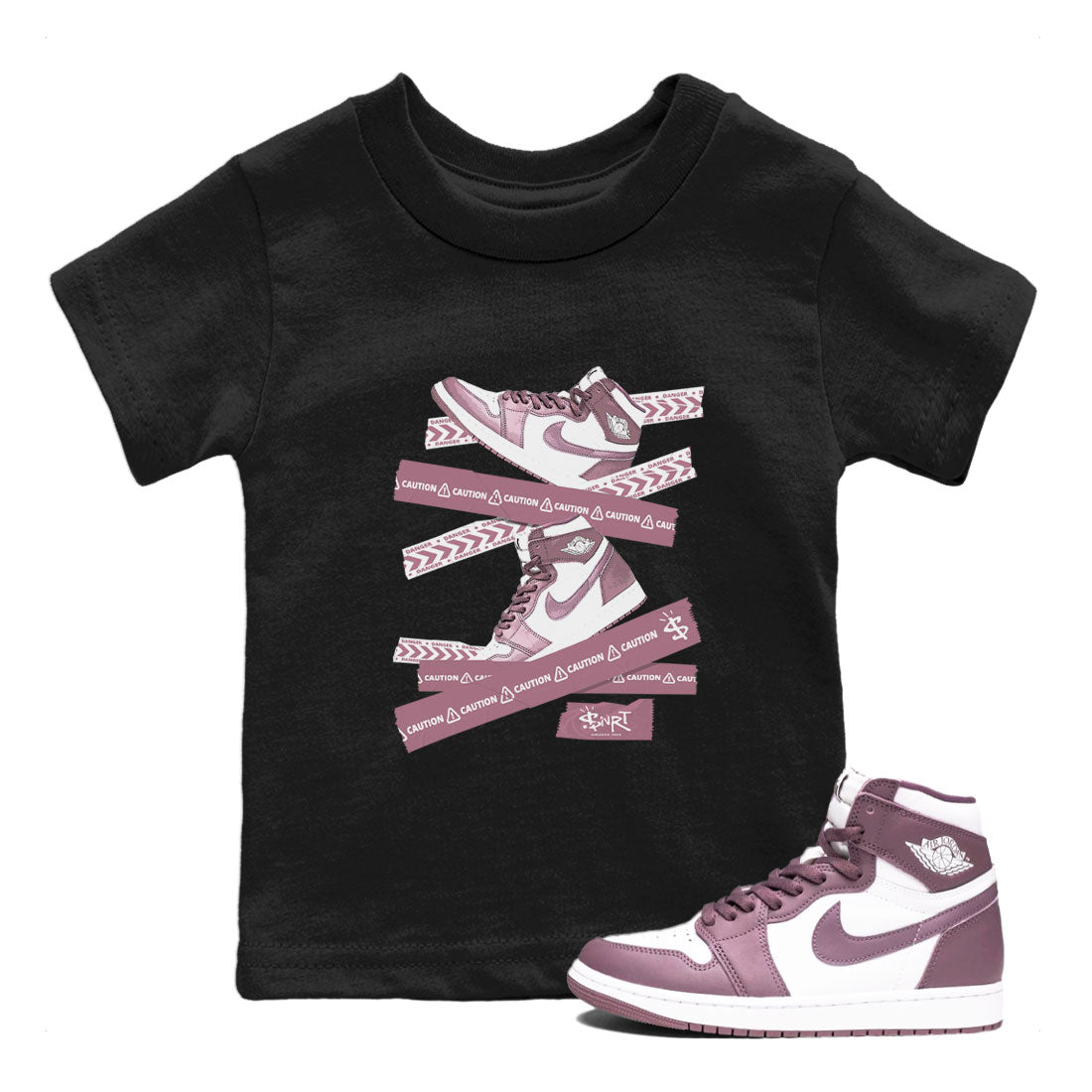 Air Jordan 1 Mauve shirt to match jordans Caution Tape sneaker matching Sneaker Matching Tee Jordan 1 High OG Mauve Drip Gear Zone Baby Toddler Black 1 Sneaker Matching Tee