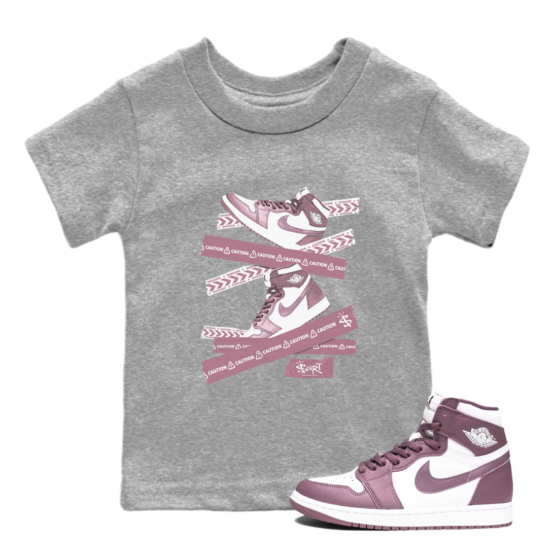 Air Jordan 1 Mauve shirt to match jordans Caution Tape sneaker matching Sneaker Matching Tee Jordan 1 High OG Mauve Drip Gear Zone Baby Toddler Heather Grey 1 Sneaker Matching Tee