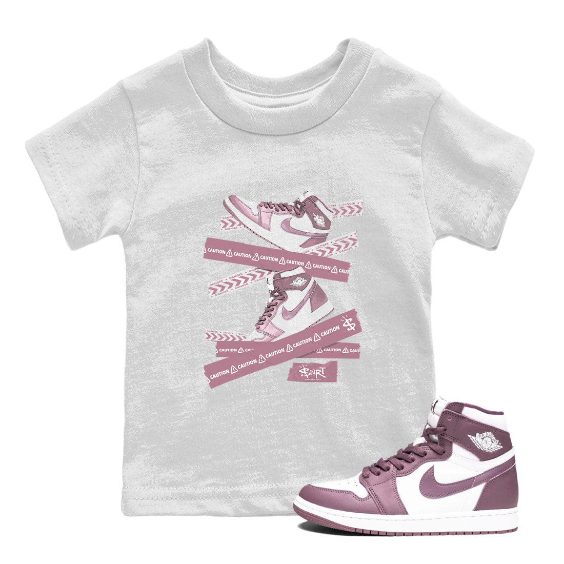 Air Jordan 1 Mauve shirt to match jordans Caution Tape sneaker matching Sneaker Matching Tee Jordan 1 High OG Mauve Drip Gear Zone Baby Toddler White 1 Sneaker Matching Tee