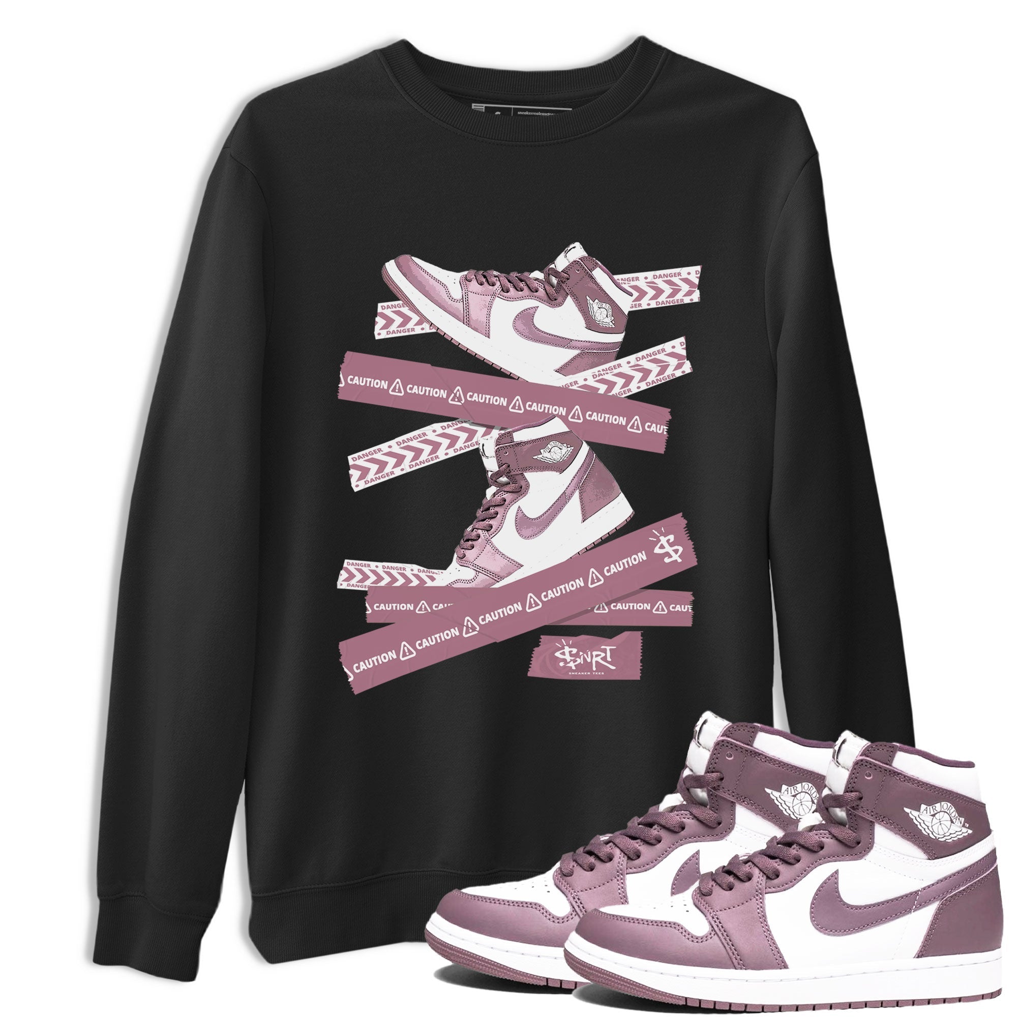 Air Jordan 1 Mauve shirt to match jordans Caution Tape sneaker matching Sneaker Matching Tee Jordan 1 High OG Mauve Drip Gear Zone Unisex Black 1 Sneaker Matching Tee