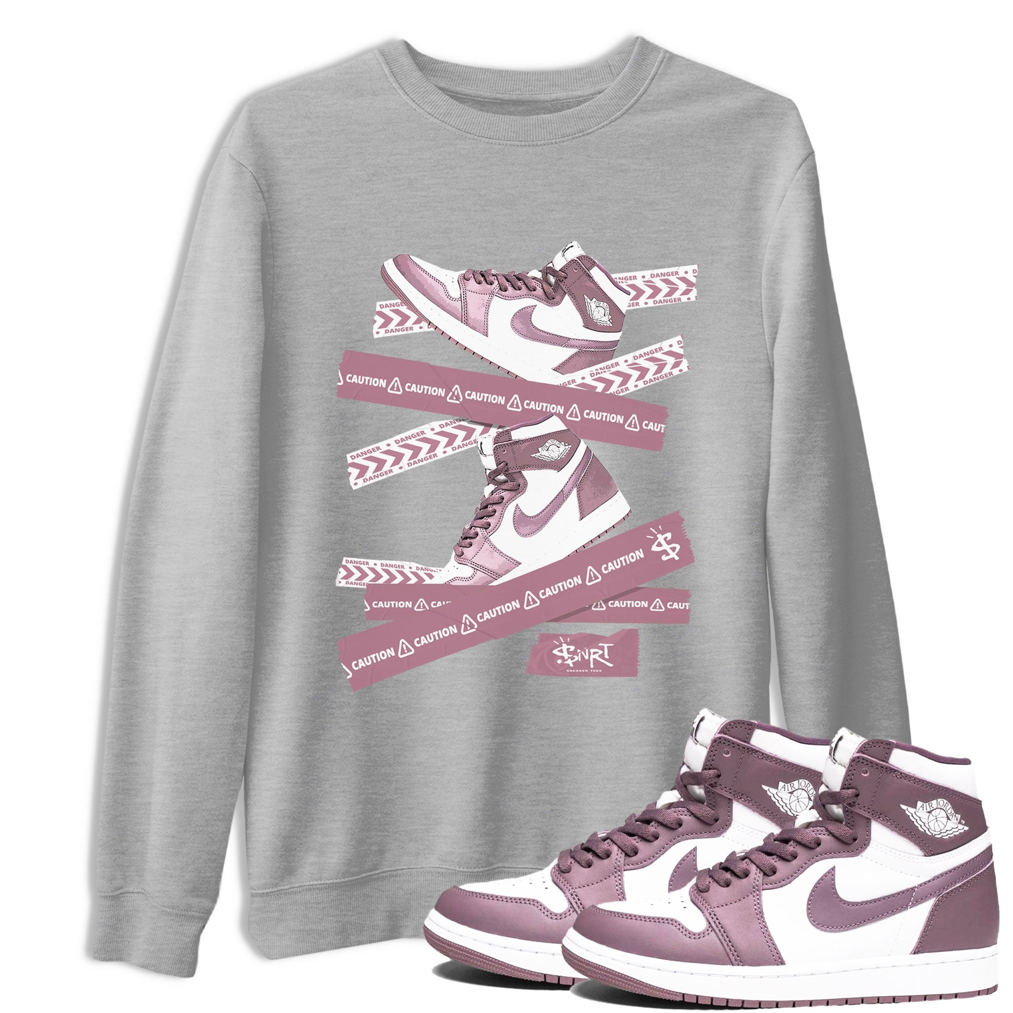Air Jordan 1 Mauve shirt to match jordans Caution Tape sneaker matching Sneaker Matching Tee Jordan 1 High OG Mauve Drip Gear Zone Unisex Heather Grey 1 Sneaker Matching Tee