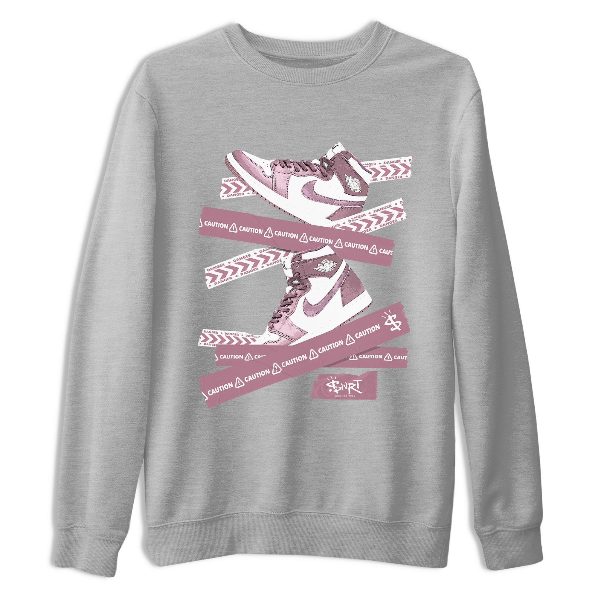 Air Jordan 1 Mauve shirt to match jordans Caution Tape sneaker matching Sneaker Matching Tee Jordan 1 High OG Mauve Drip Gear Zone Unisex Heather Grey 2 Sneaker Matching Tee