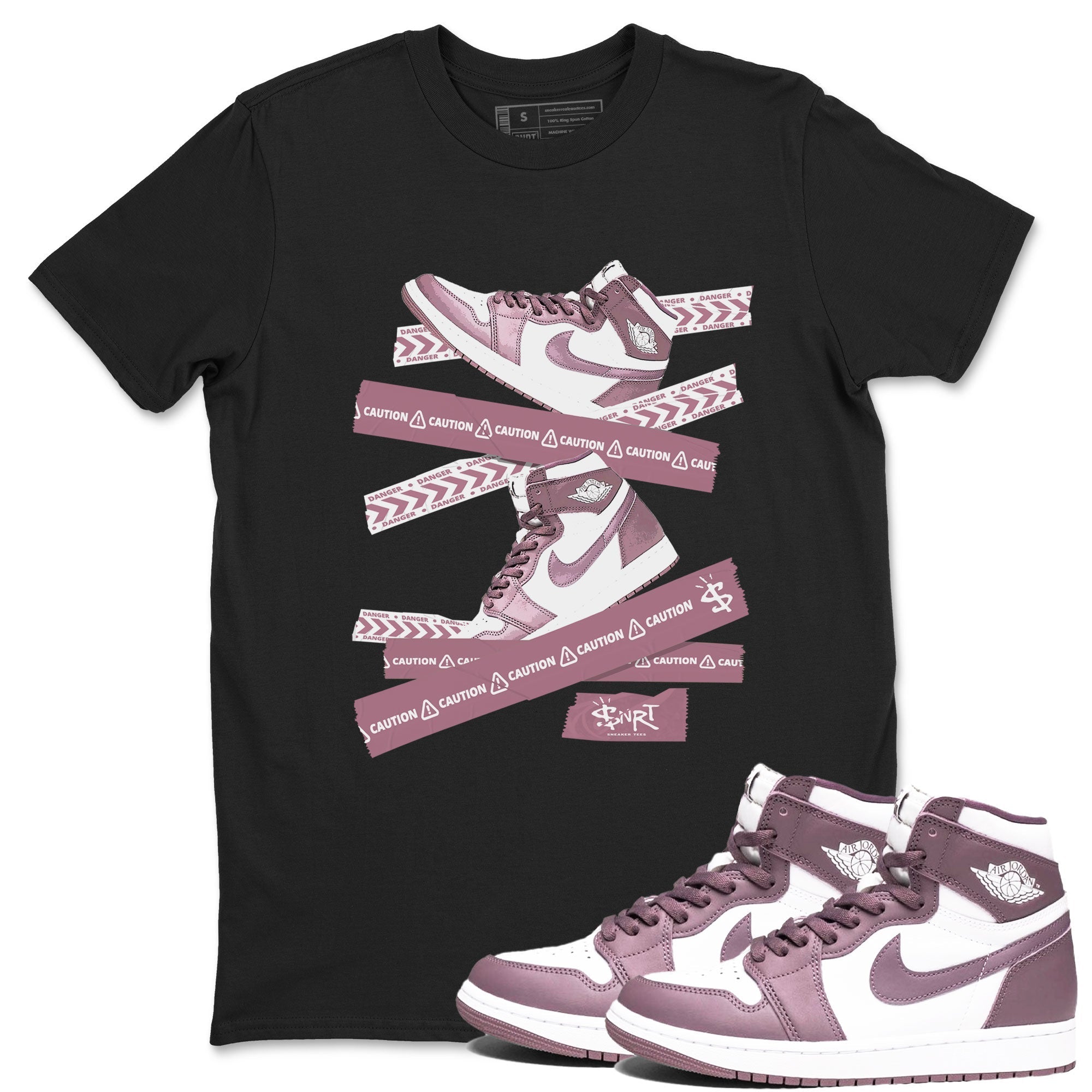 Air Jordan 1 Mauve shirt to match jordans Caution Tape sneaker matching Sneaker Matching Tee Jordan 1 High OG Mauve Drip Gear Zone Unisex Black 1 Sneaker Matching Tee