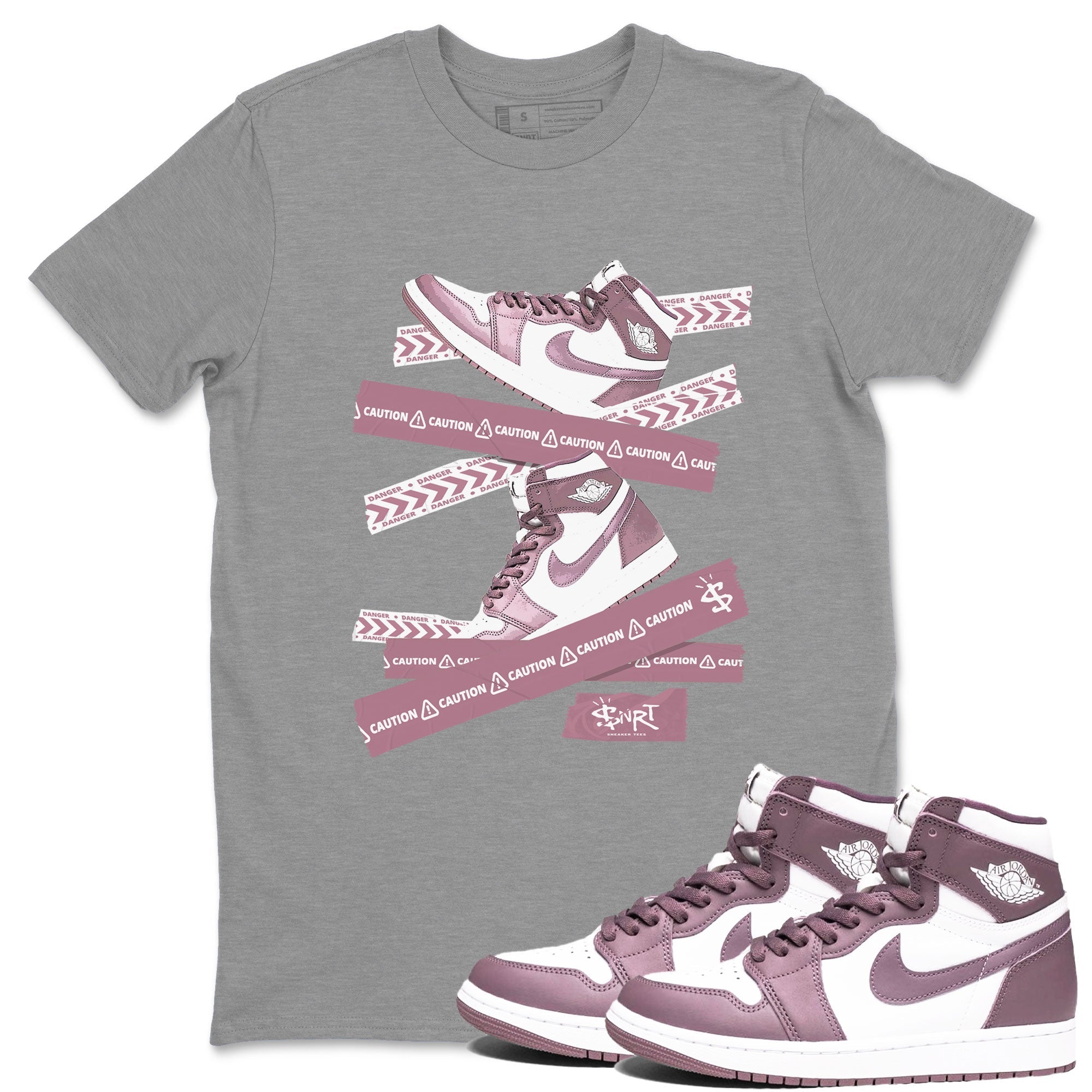 Air Jordan 1 Mauve shirt to match jordans Caution Tape sneaker matching Sneaker Matching Tee Jordan 1 High OG Mauve Drip Gear Zone Unisex Heather Grey 1 Sneaker Matching Tee