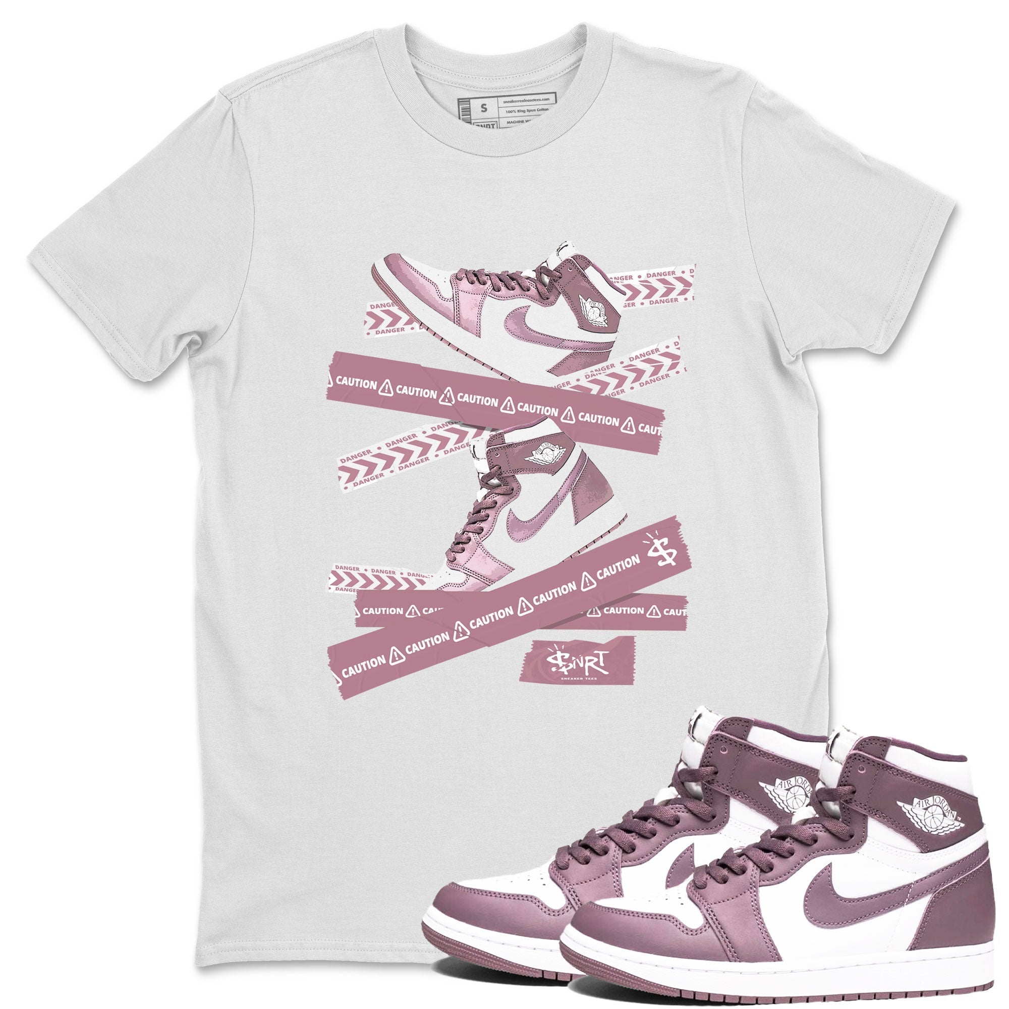 Air Jordan 1 Mauve shirt to match jordans Caution Tape sneaker matching Sneaker Matching Tee Jordan 1 High OG Mauve Drip Gear Zone Unisex White 1 Sneaker Matching Tee