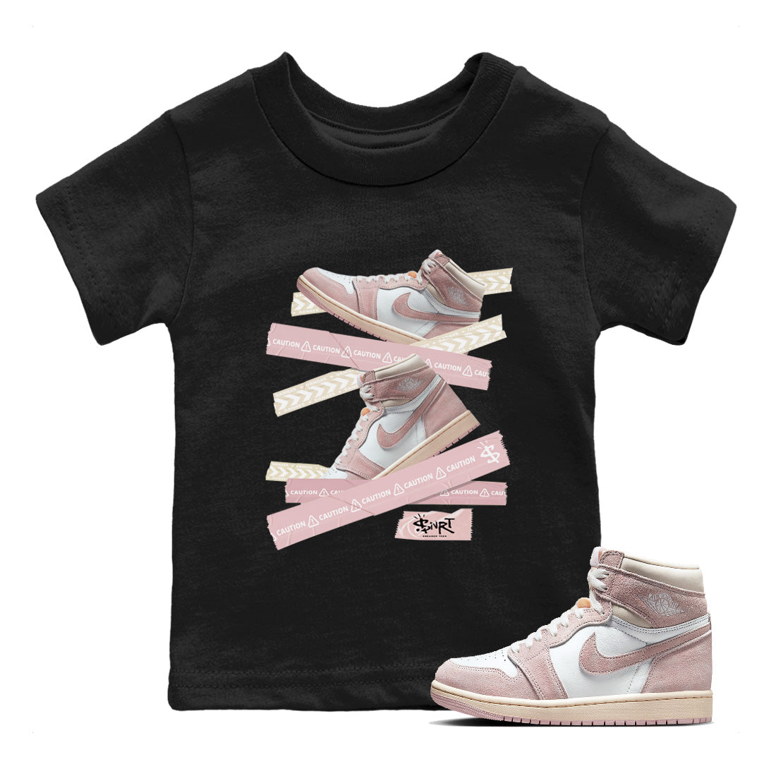 Air Jordan 1 Washed Pink Sneaker Match Tees Caution Tape Streetwear Sneaker Shirt Air Jordan 1 High OG WMNS Washed Pink Sneaker Release Tees Kids Shirts Black 1