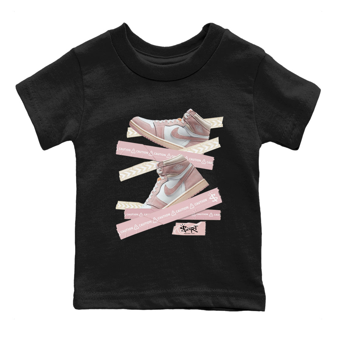 Air Jordan 1 Washed Pink Sneaker Match Tees Caution Tape Streetwear Sneaker Shirt Air Jordan 1 High OG WMNS Washed Pink Sneaker Release Tees Kids Shirts Black 2