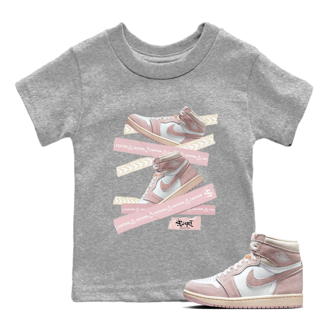 Air Jordan 1 Washed Pink Sneaker Match Tees Caution Tape Streetwear Sneaker Shirt Air Jordan 1 High OG WMNS Washed Pink Sneaker Release Tees Kids Shirts Heather Grey 1