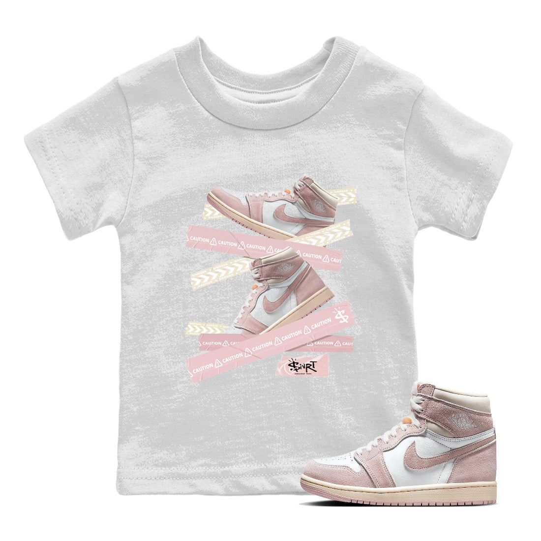 Air Jordan 1 Washed Pink Sneaker Match Tees Caution Tape Streetwear Sneaker Shirt Air Jordan 1 High OG WMNS Washed Pink Sneaker Release Tees Kids Shirts White 1