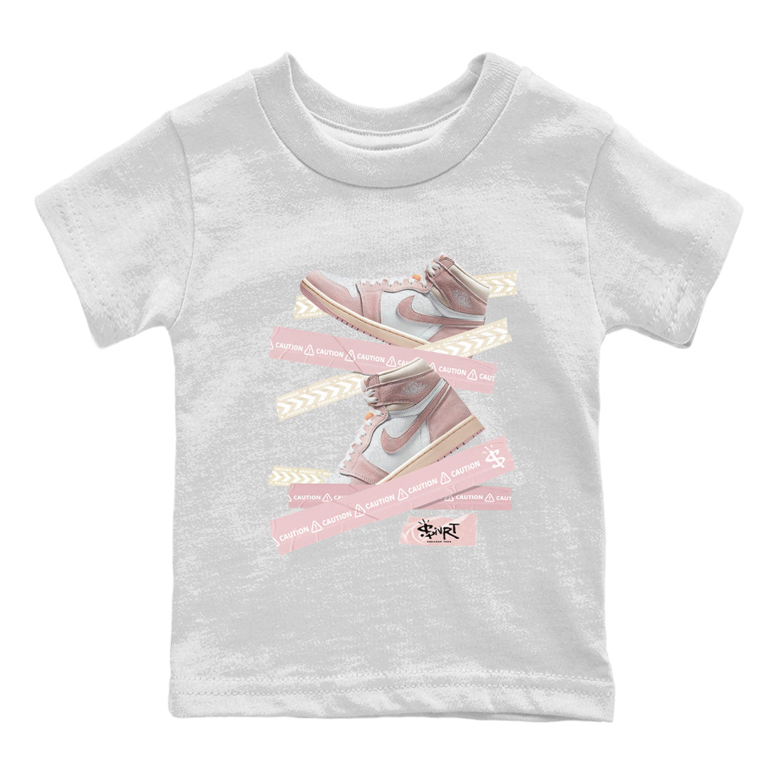 Air Jordan 1 Washed Pink Sneaker Match Tees Caution Tape Streetwear Sneaker Shirt Air Jordan 1 High OG WMNS Washed Pink Sneaker Release Tees Kids Shirts White 2