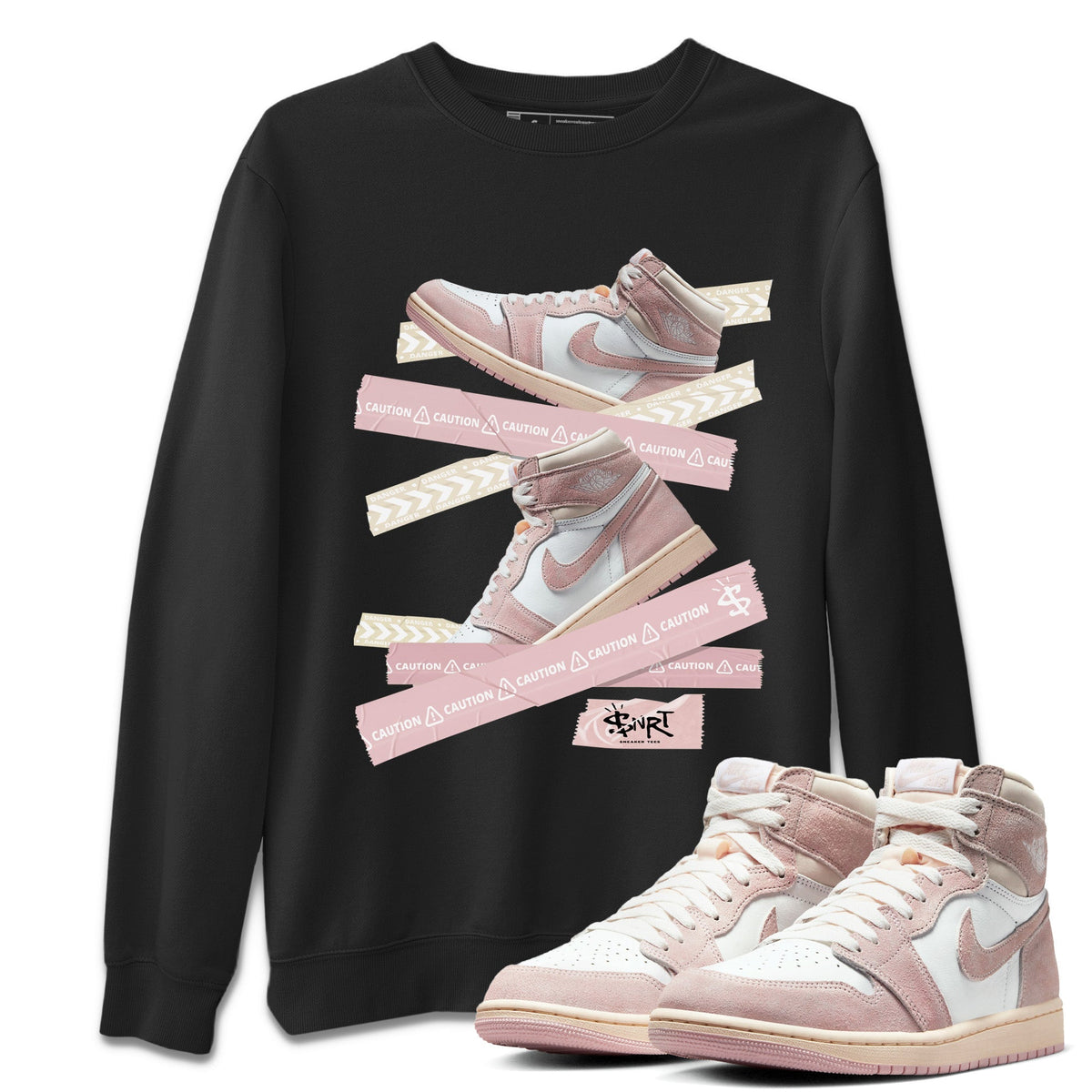 Air Jordan 1 Washed Pink Sneaker Match Tees Caution Tape Streetwear Sneaker Shirt Air Jordan 1 High OG WMNS Washed Pink Sneaker Release Tees Unisex Shirts Black 1
