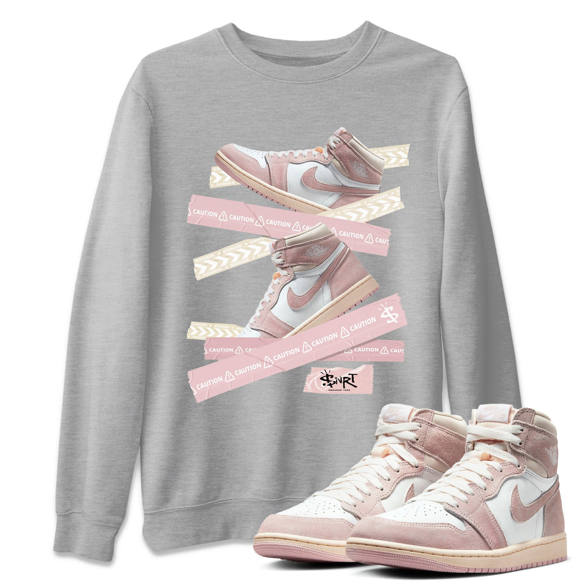 Air Jordan 1 Washed Pink Sneaker Match Tees Caution Tape Streetwear Sneaker Shirt Air Jordan 1 High OG WMNS Washed Pink Sneaker Release Tees Unisex Shirts Heather Grey 1