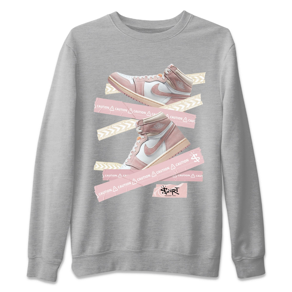 Air Jordan 1 Washed Pink Sneaker Match Tees Caution Tape Streetwear Sneaker Shirt Air Jordan 1 High OG WMNS Washed Pink Sneaker Release Tees Unisex Shirts Heather Grey 2