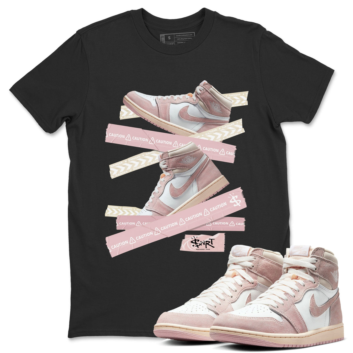 Air Jordan 1 Washed Pink Sneaker Match Tees Caution Tape Streetwear Sneaker Shirt Air Jordan 1 High OG WMNS Washed Pink Sneaker Release Tees Unisex Shirts Black 1