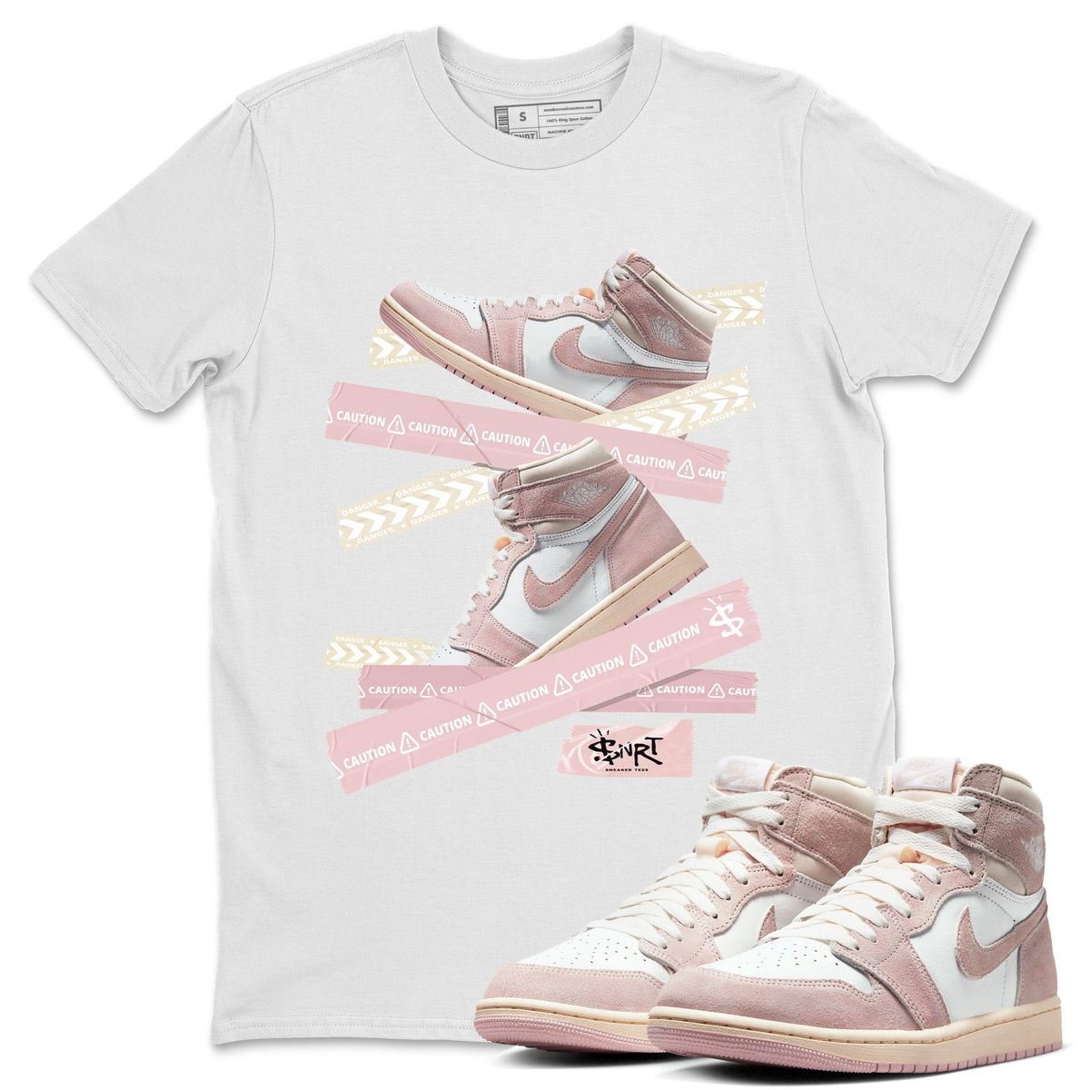 Air Jordan 1 Washed Pink Sneaker Match Tees Caution Tape Streetwear Sneaker Shirt Air Jordan 1 High OG WMNS Washed Pink Sneaker Release Tees Unisex Shirts White 1