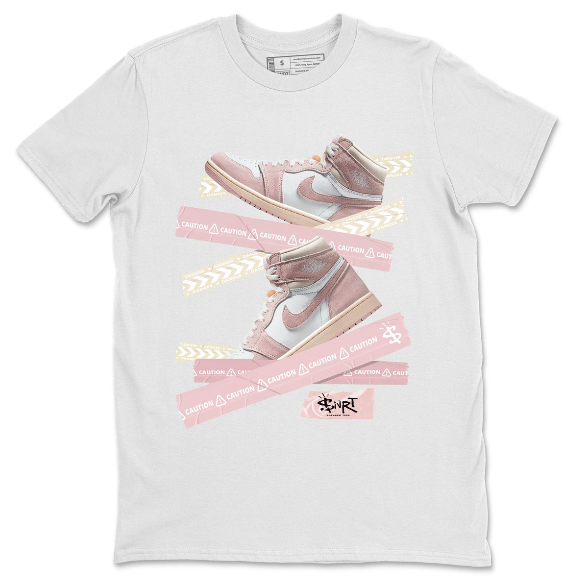 Air Jordan 1 Washed Pink Sneaker Match Tees Caution Tape Streetwear Sneaker Shirt Air Jordan 1 High OG WMNS Washed Pink Sneaker Release Tees Unisex Shirts White 2
