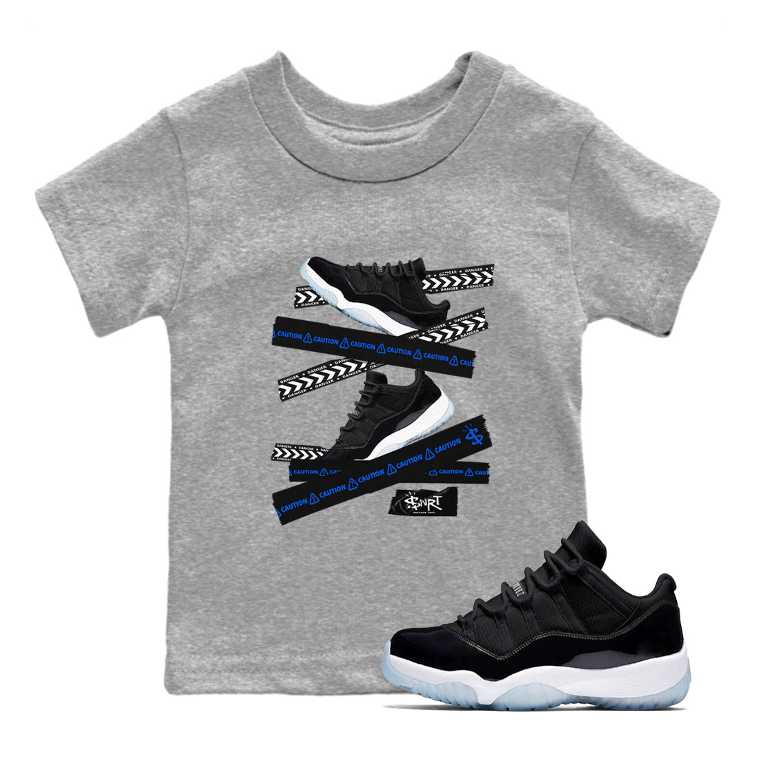 Air Jordan 11 Low Space shirt to match jordans Caution Tape sneaker tees 11s Space Drip Gear Zone Streetwear baby toddler Heather Grey 1 cotton Shirt