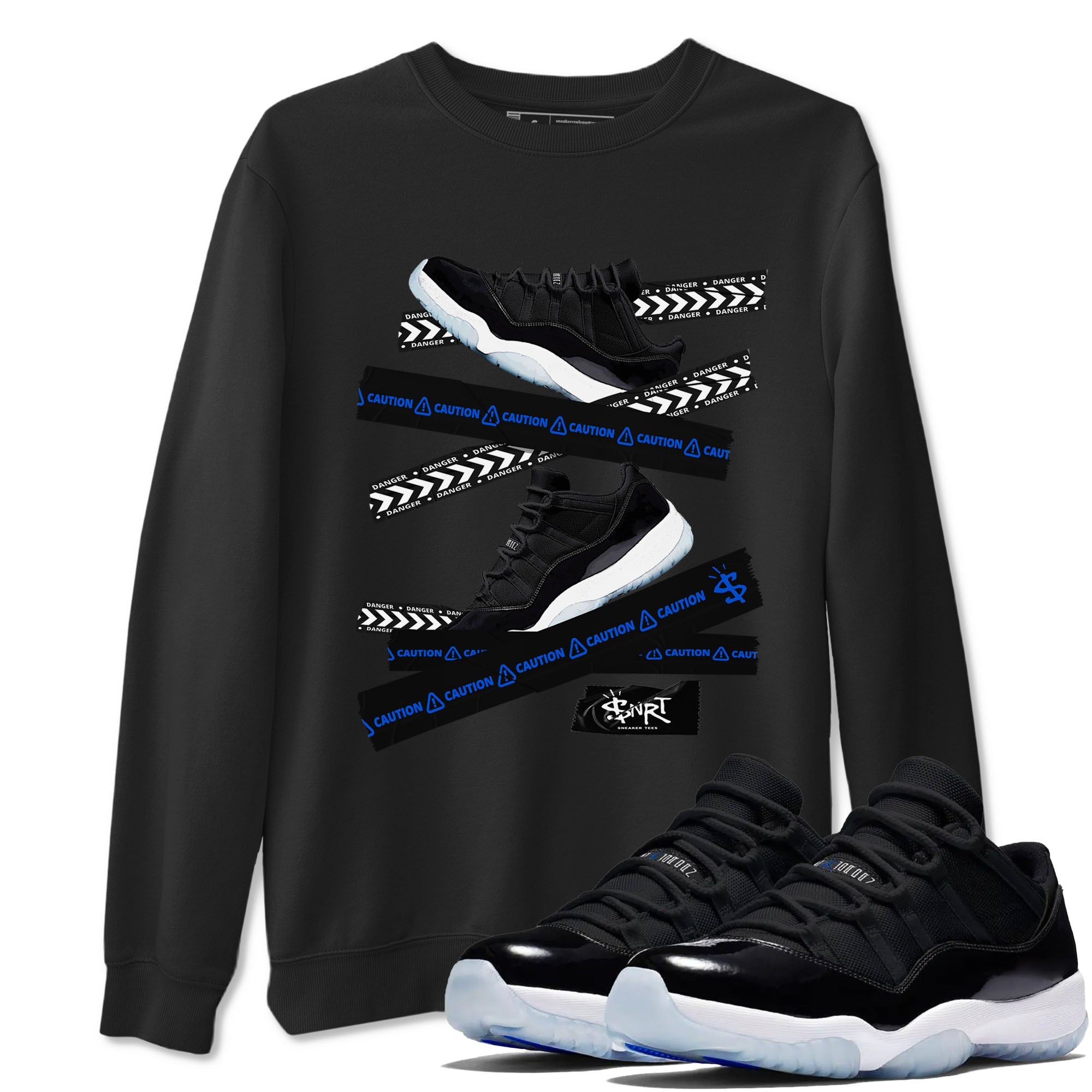Air Jordan 11 Low Space shirt to match jordans Caution Tape sneaker tees 11s Space Drip Gear Zone Streetwear unisex cotton Black 1 crew neck shirt