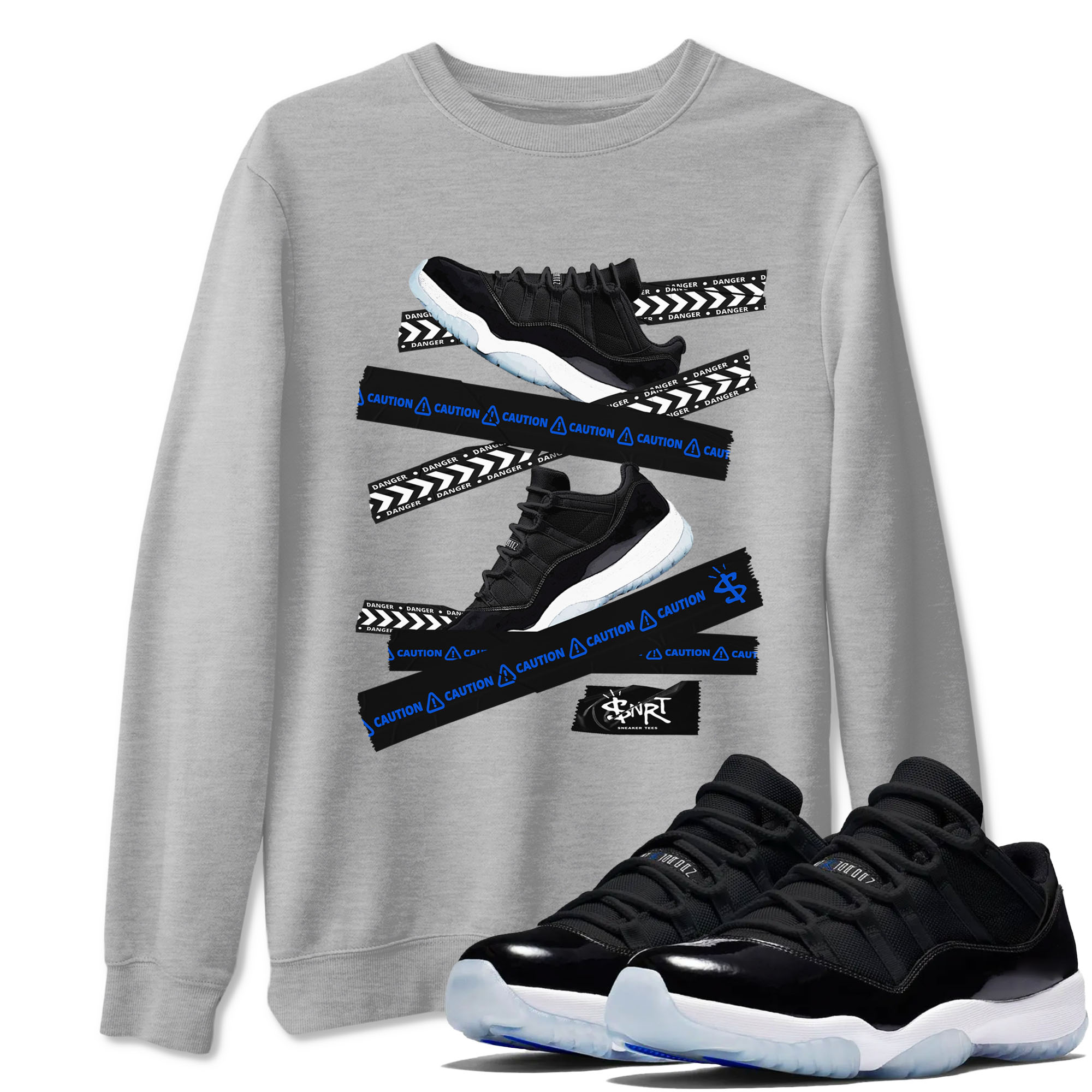 Air Jordan 11 Low Space shirt to match jordans Caution Tape sneaker tees 11s Space Drip Gear Zone Streetwear unisex cotton Heather Grey 1 crew neck shirt