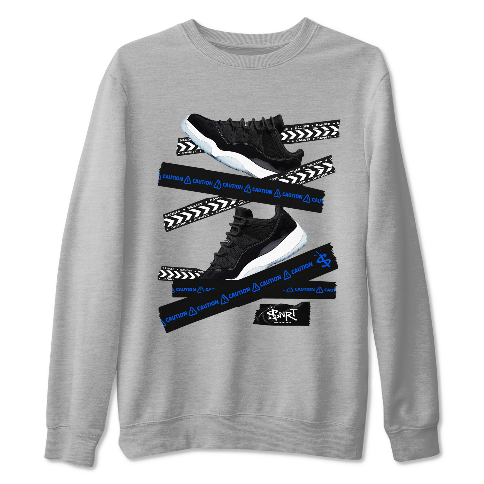 Air Jordan 11 Low Space shirt to match jordans Caution Tape sneaker tees 11s Space Drip Gear Zone Streetwear unisex cotton Heather Grey 2 crew neck shirt