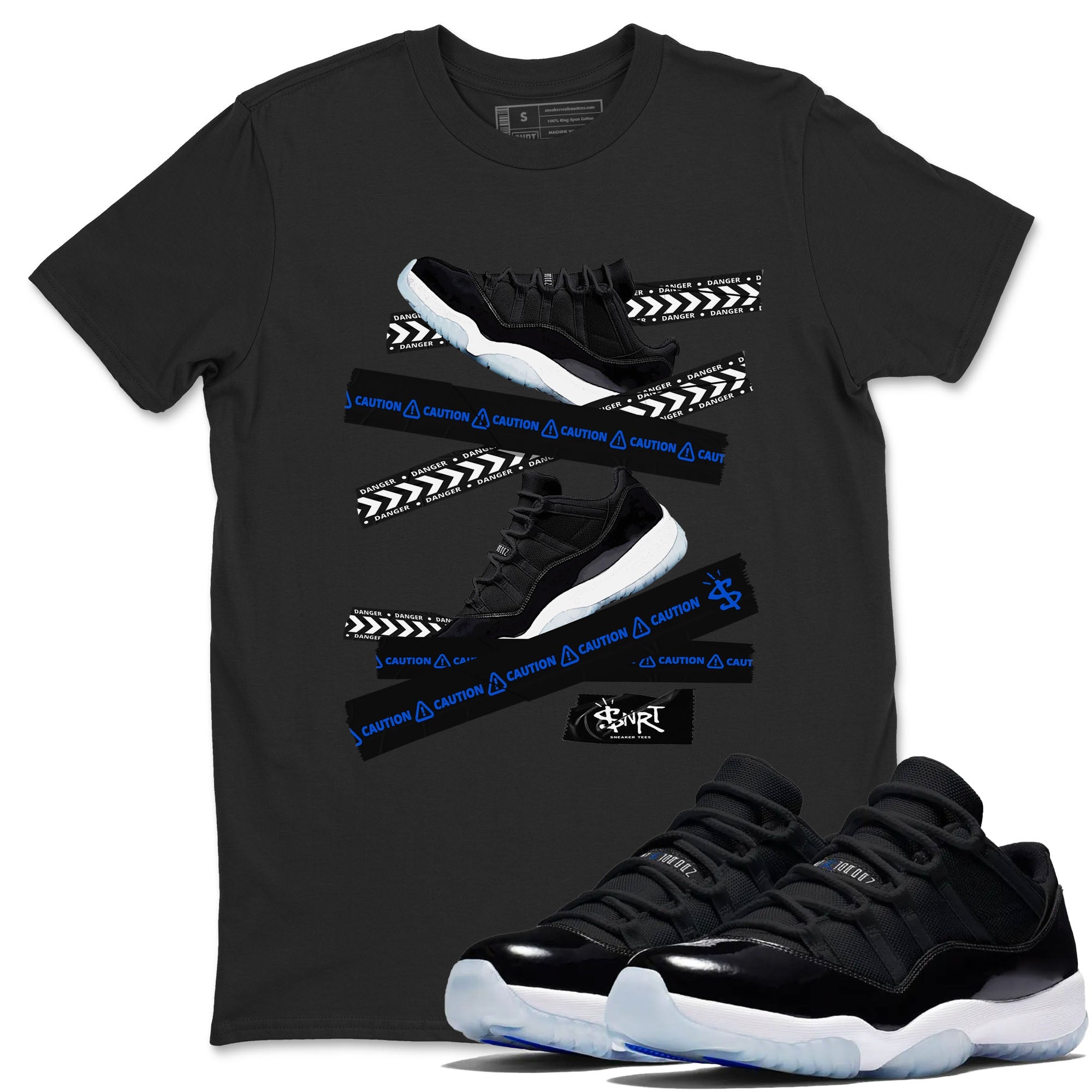 Air Jordan 11 Low Space shirt to match jordans Caution Tape sneaker tees 11s Space Drip Gear Zone Streetwear unisex cotton Black 1 crew neck shirt