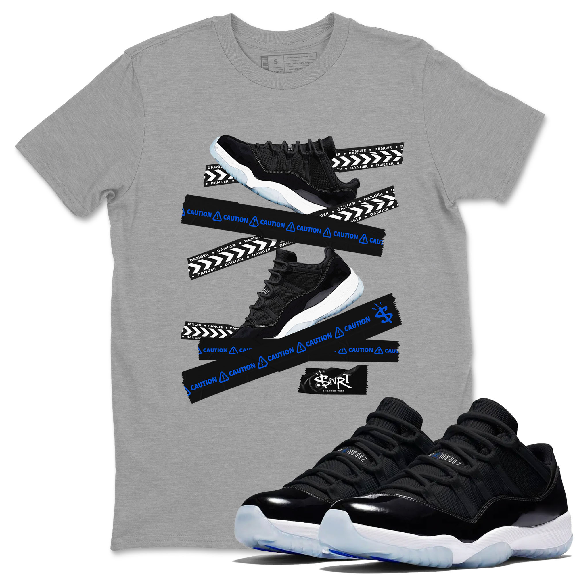 Air Jordan 11 Low Space shirt to match jordans Caution Tape sneaker tees 11s Space Drip Gear Zone Streetwear unisex cotton Heather Grey 1 crew neck shirt