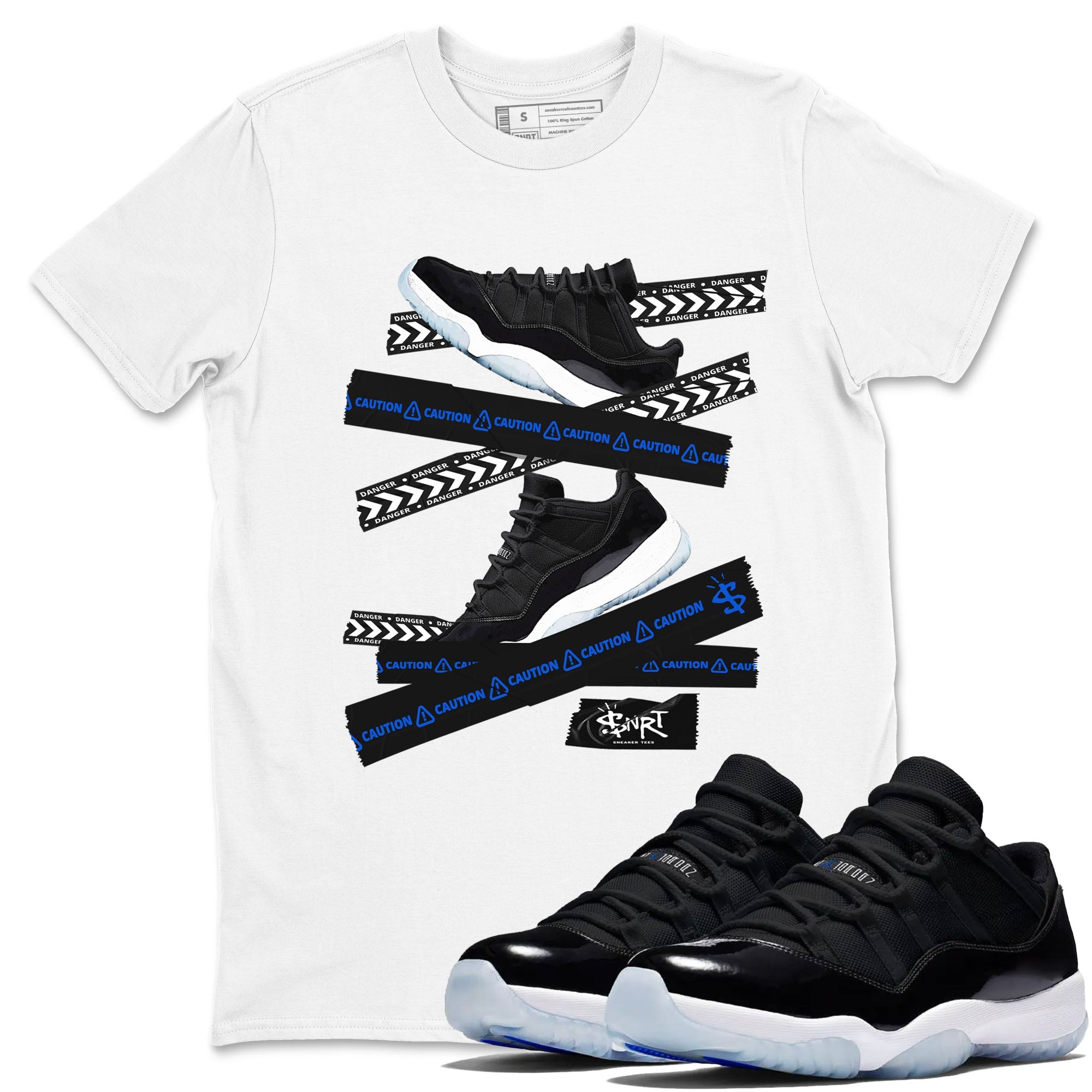Air Jordan 11 Low Space shirt to match jordans Caution Tape sneaker tees 11s Space Drip Gear Zone Streetwear unisex cotton White 1 crew neck shirt