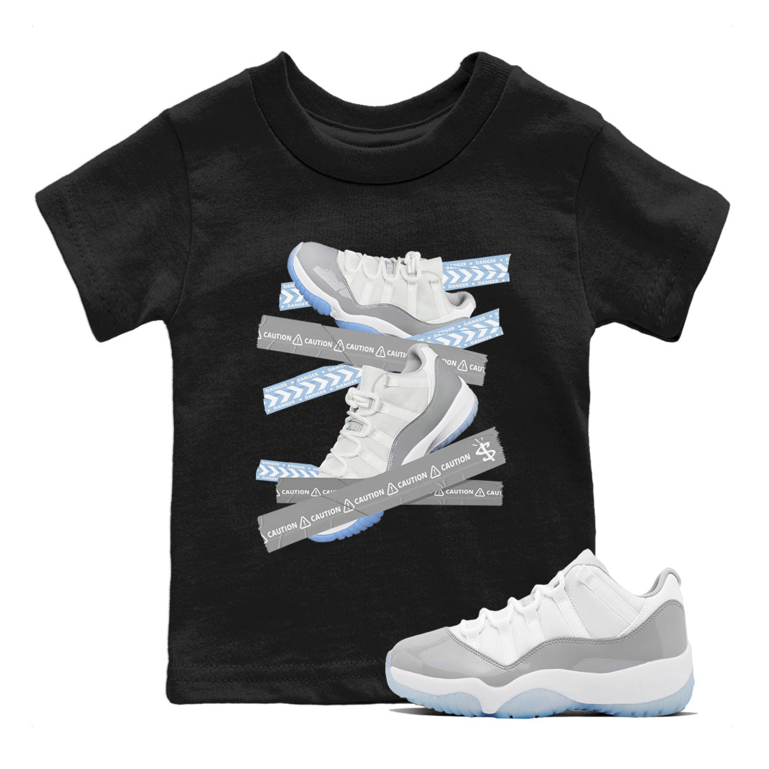 Air Jordan 11 White Cement Sneaker Match Tees Caution Tape Streetwear Sneaker Shirt Air Jordan 11 Cement Grey Sneaker Release Tees Kids Shirts Black 1