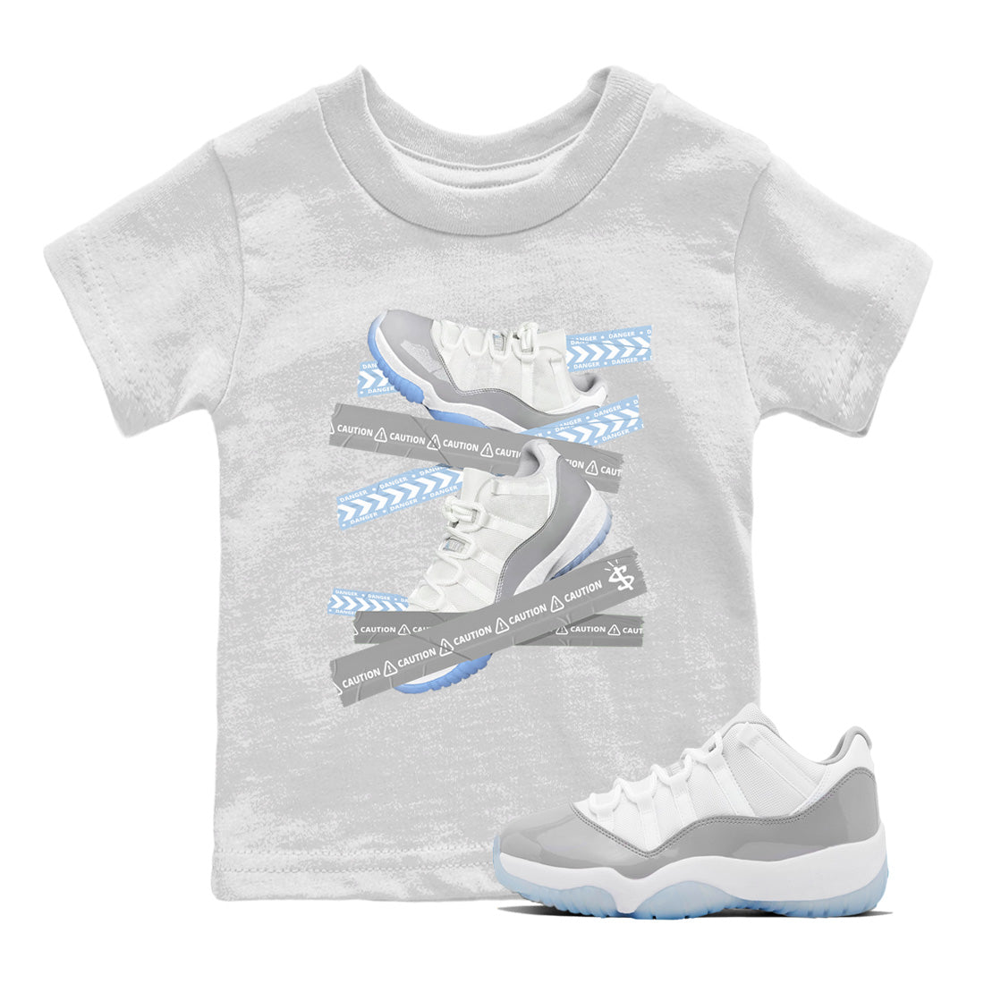 Air Jordan 11 White Cement Sneaker Match Tees Caution Tape Streetwear Sneaker Shirt Air Jordan 11 Cement Grey Sneaker Release Tees Kids Shirts White 1