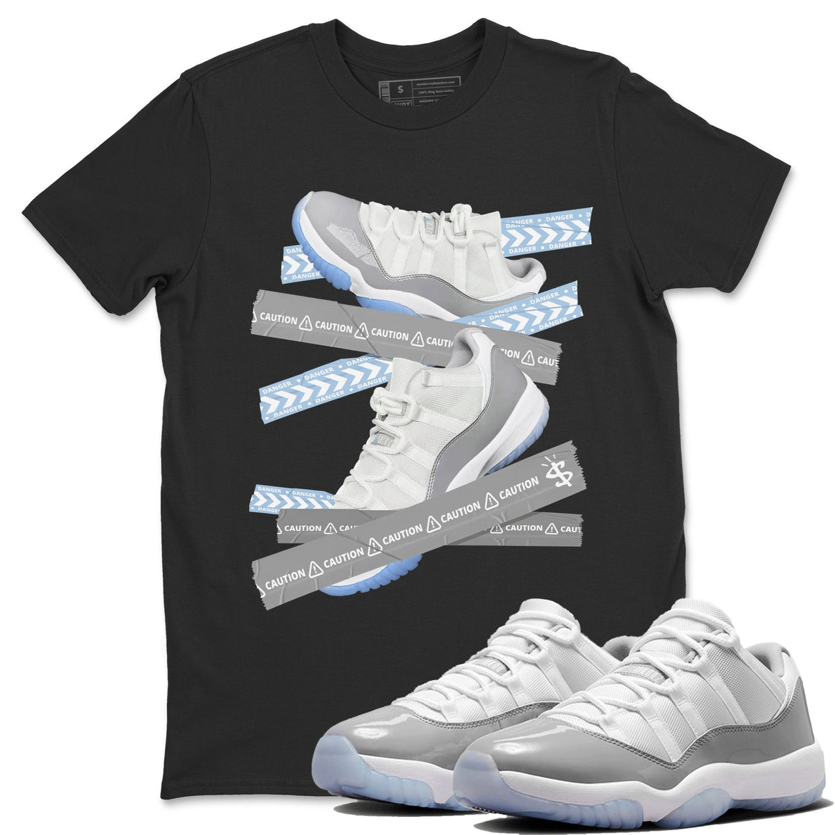 Air Jordan 11 White Cement Sneaker Match Tees Caution Tape Streetwear Sneaker Shirt Air Jordan 11 Cement Grey Sneaker Release Tees Unisex Shirts Black 1