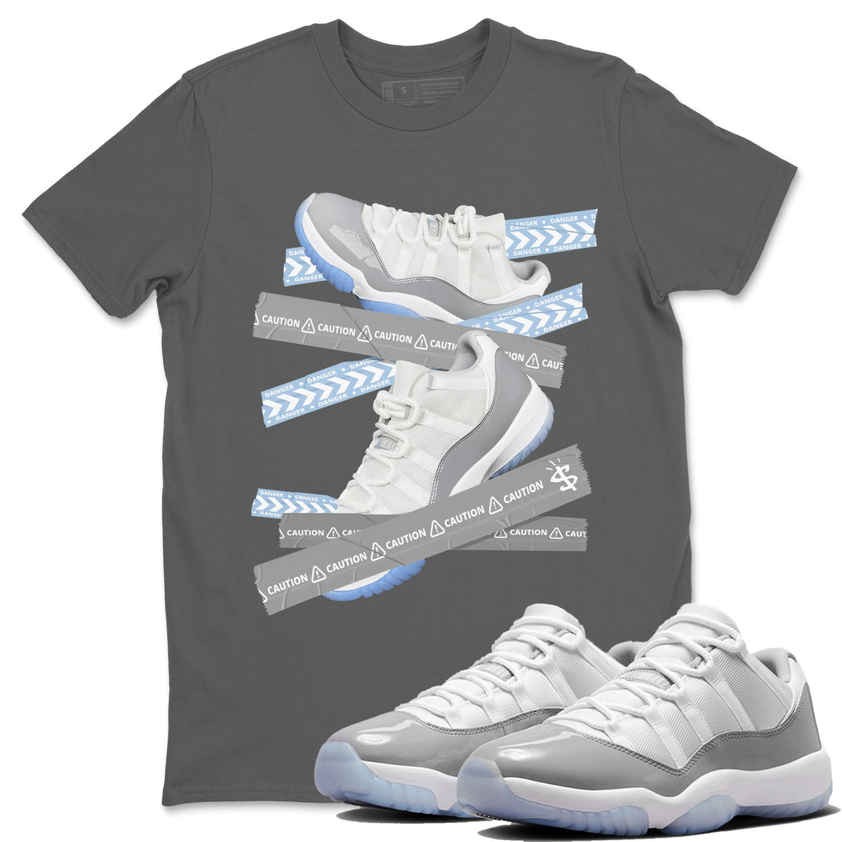 Air Jordan 11 White Cement Caution Tape Crew Neck Streetwear Sneaker Shirt Air Jordan 11 Cement Grey Sneaker T-Shirts Washing and Care Tip
