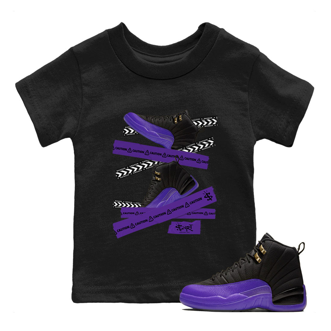 AJ12 Field Purple Sneaker Match Tees Caution Tape Streetwear Sneaker Shirt Air Jordan 12 Field Purple Drip Gear Zone Sneaker Matching Clothing Kids Shirts Black 1