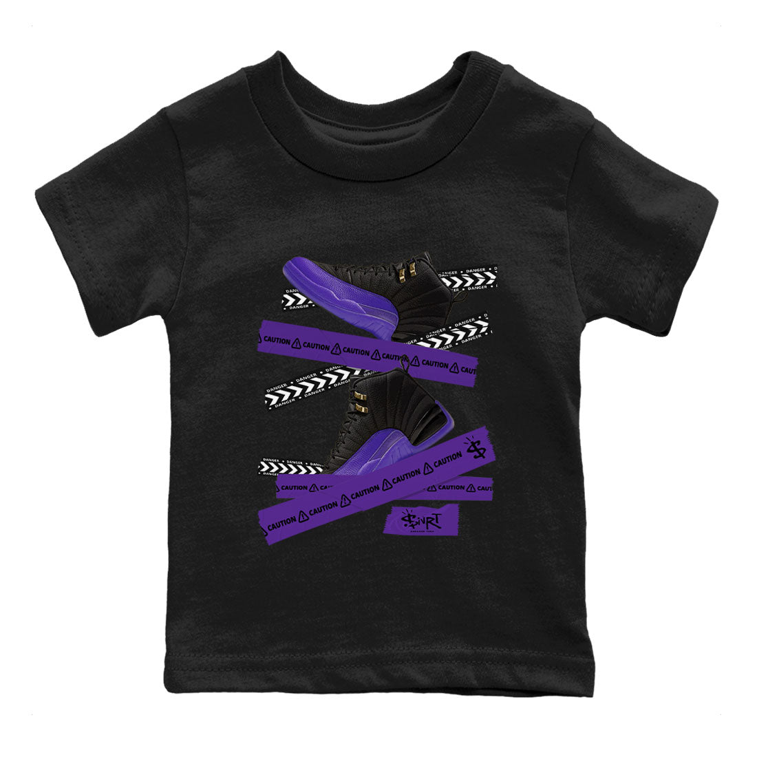 AJ12 Field Purple Sneaker Match Tees Caution Tape Streetwear Sneaker Shirt Air Jordan 12 Field Purple Drip Gear Zone Sneaker Matching Clothing Kids Shirts Black 2