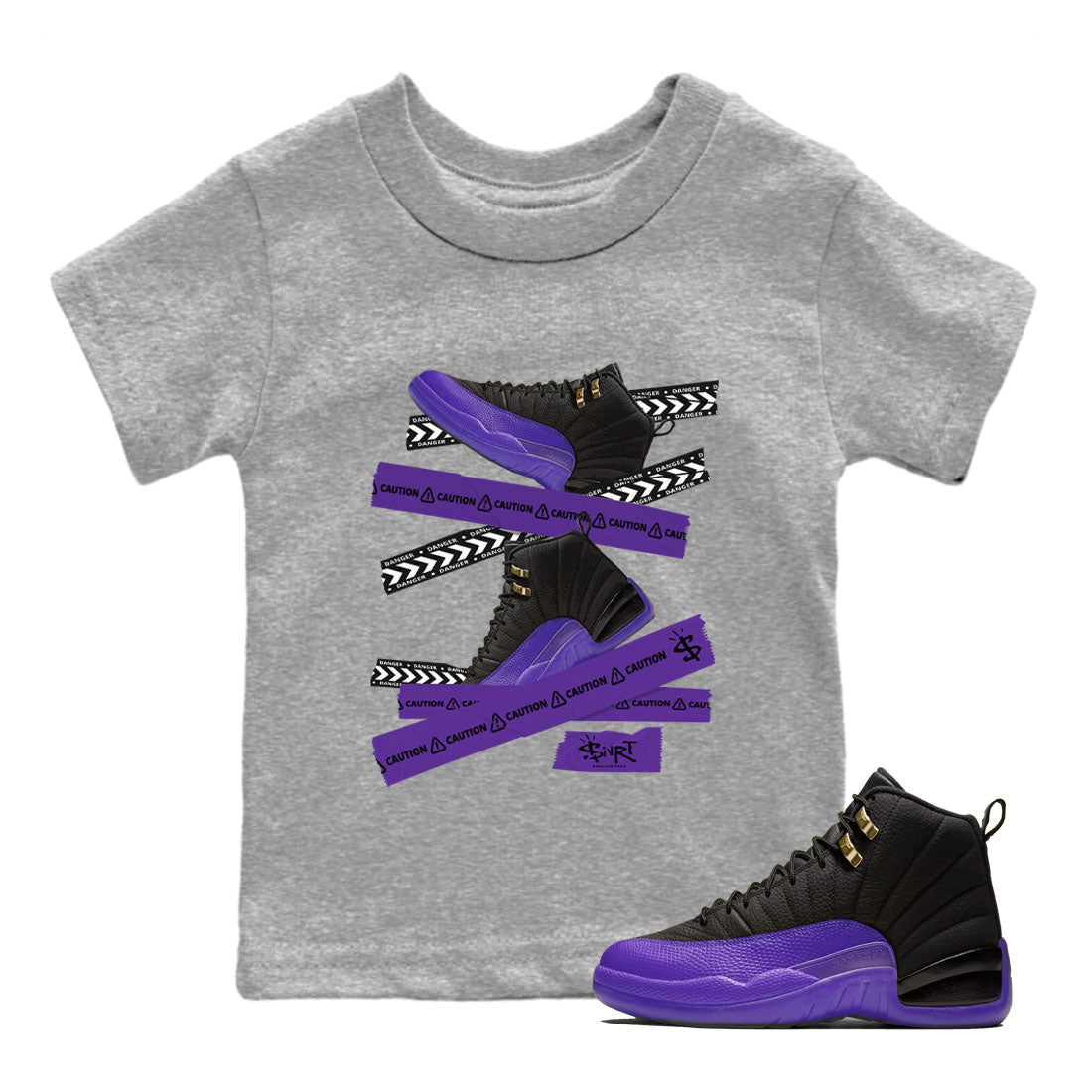 AJ12 Field Purple Sneaker Match Tees Caution Tape Streetwear Sneaker Shirt Air Jordan 12 Field Purple Drip Gear Zone Sneaker Matching Clothing Kids Shirts Heather Grey 1