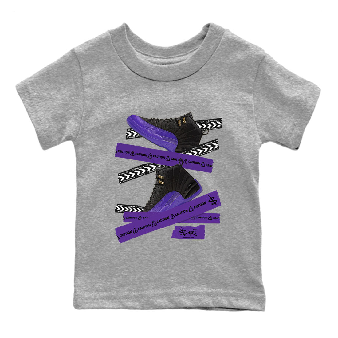 AJ12 Field Purple Sneaker Match Tees Caution Tape Streetwear Sneaker Shirt Air Jordan 12 Field Purple Drip Gear Zone Sneaker Matching Clothing Kids Shirts Heather Grey 2