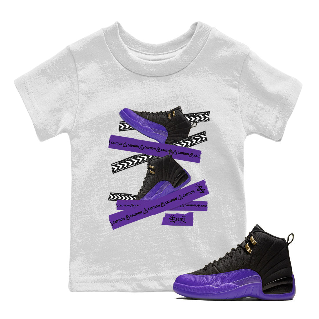 AJ12 Field Purple Sneaker Match Tees Caution Tape Streetwear Sneaker Shirt Air Jordan 12 Field Purple Drip Gear Zone Sneaker Matching Clothing Kids Shirts White 1