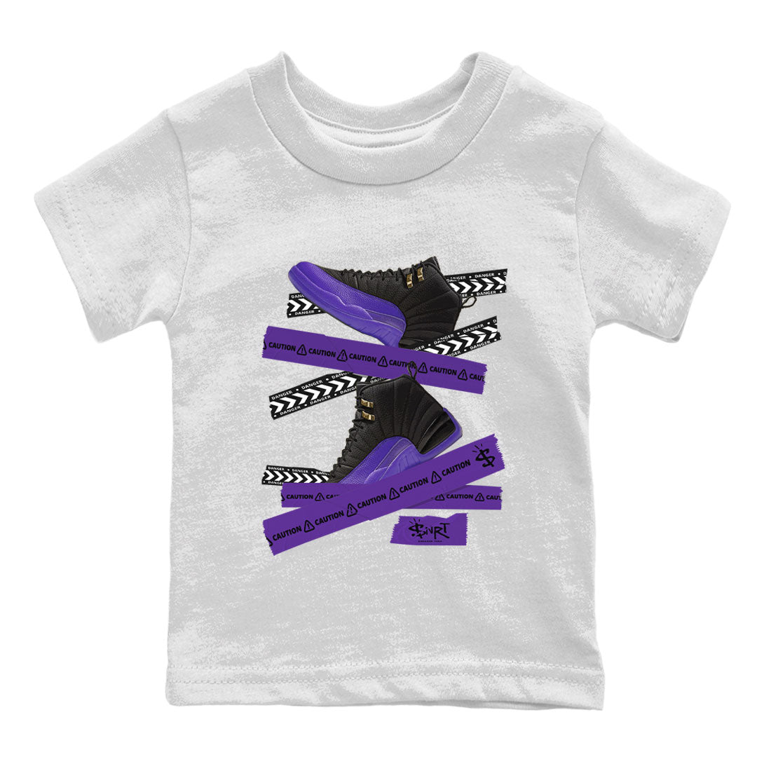 AJ12 Field Purple Sneaker Match Tees Caution Tape Streetwear Sneaker Shirt Air Jordan 12 Field Purple Drip Gear Zone Sneaker Matching Clothing Kids Shirts White 2